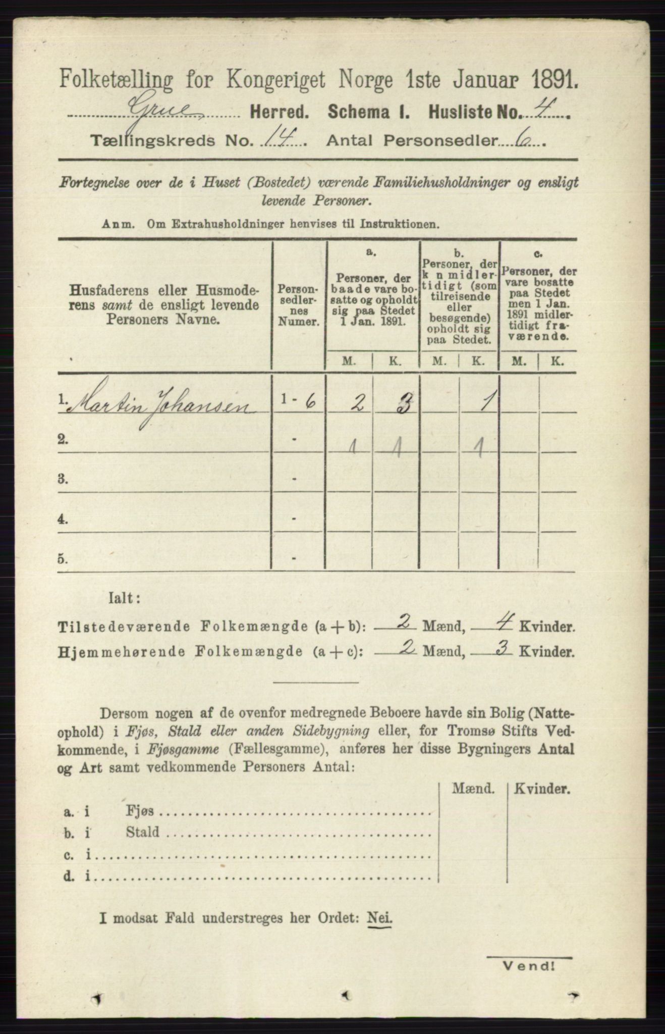 RA, 1891 census for 0423 Grue, 1891, p. 6988