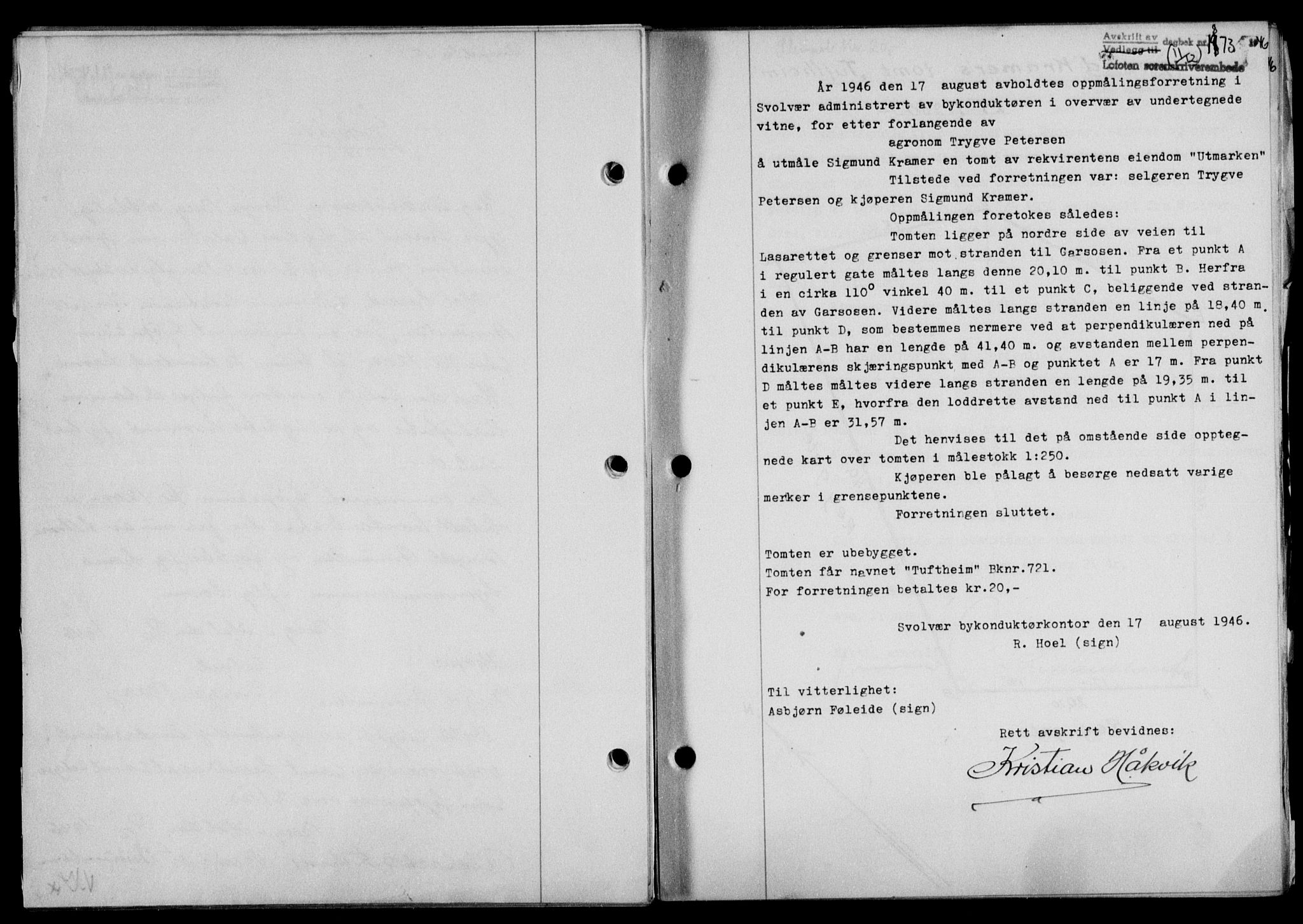 Lofoten sorenskriveri, SAT/A-0017/1/2/2C/L0015a: Mortgage book no. 15a, 1946-1947, Diary no: : 1873/1946