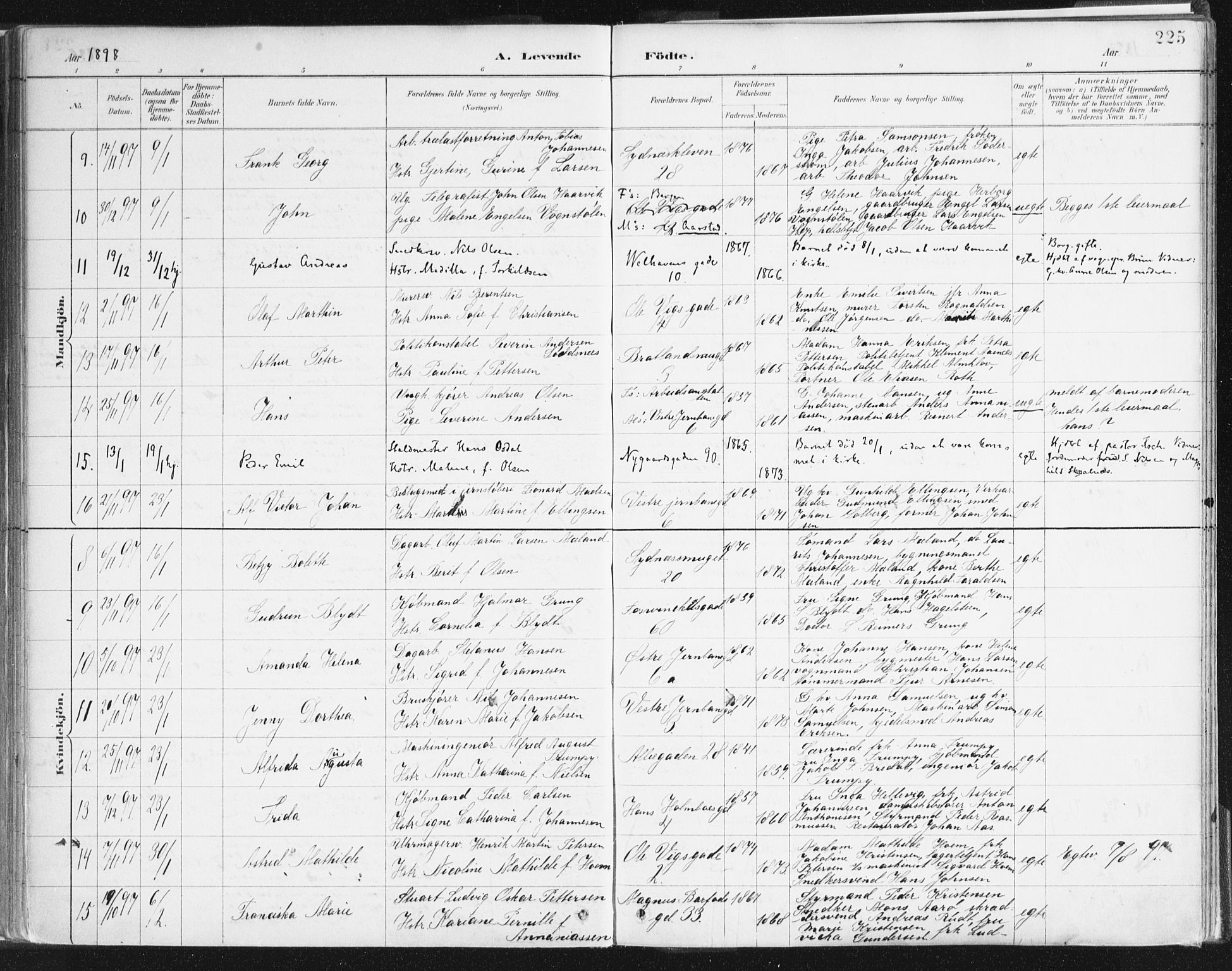 Johanneskirken sokneprestembete, SAB/A-76001/H/Haa/L0001: Parish register (official) no. A 1, 1885-1900, p. 225