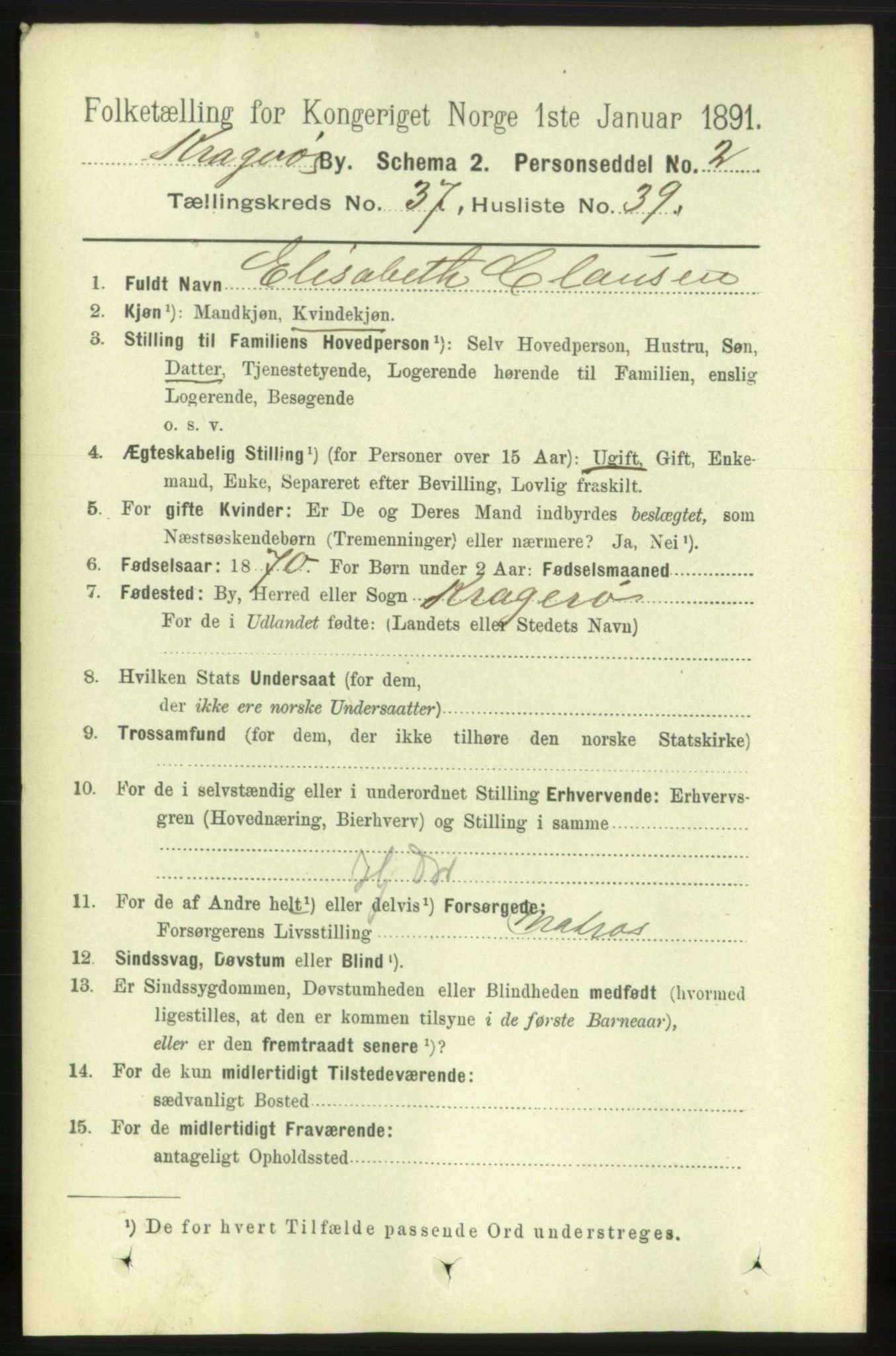 RA, 1891 census for 0801 Kragerø, 1891, p. 7010