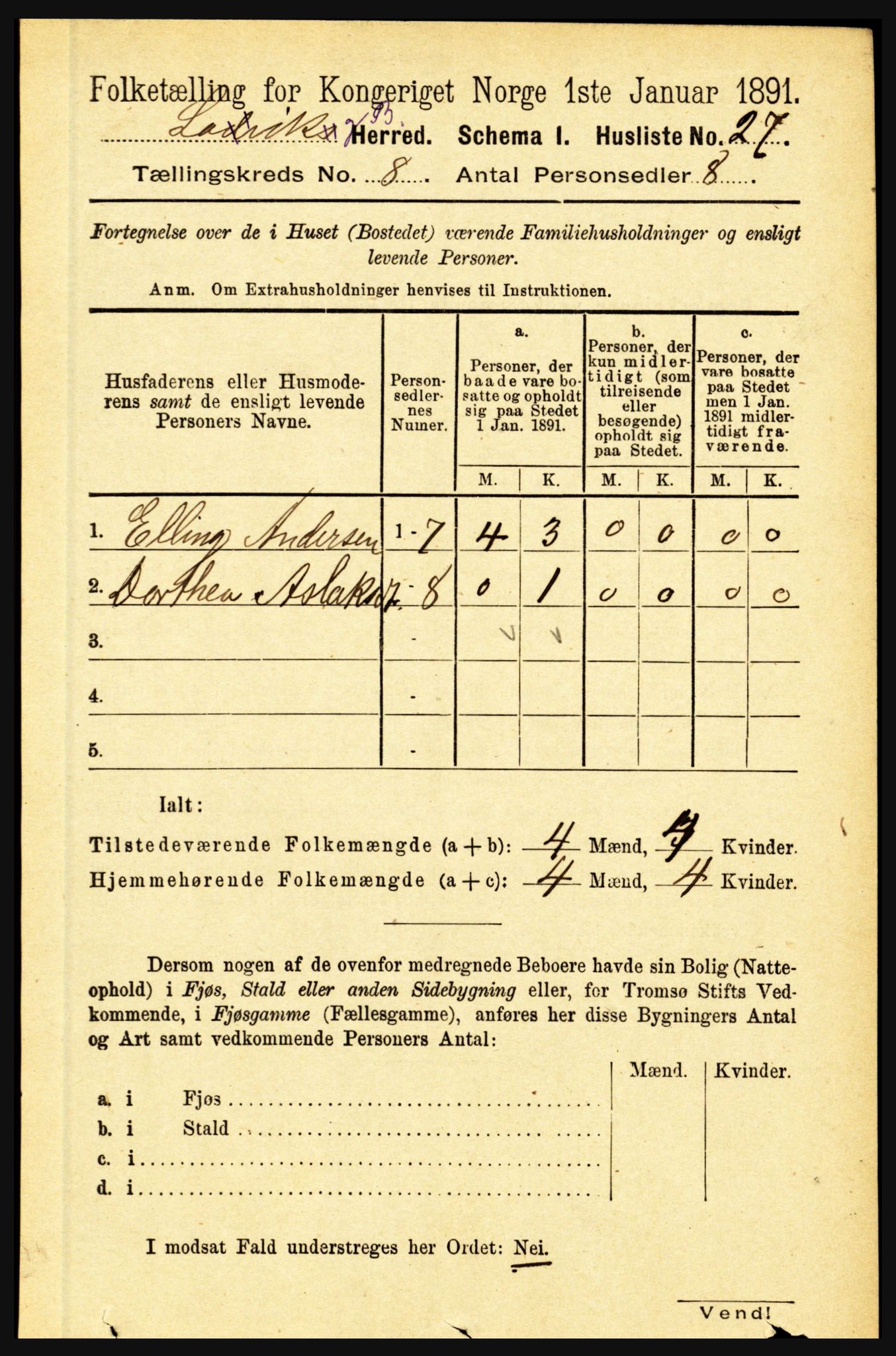 RA, 1891 census for 1415 Lavik og Brekke, 1891, p. 1489