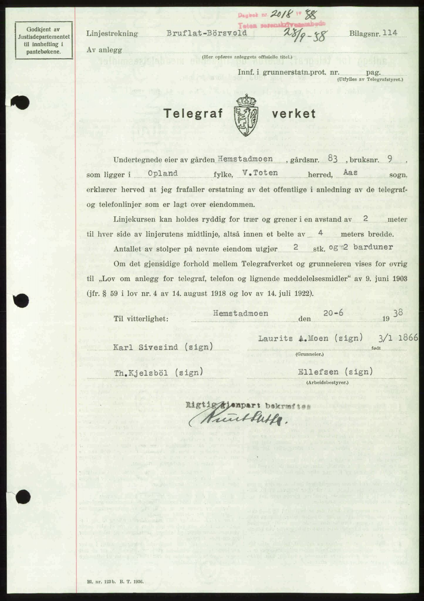 Toten tingrett, SAH/TING-006/H/Hb/Hbc/L0004: Mortgage book no. Hbc-04, 1938-1938, Diary no: : 2018/1938