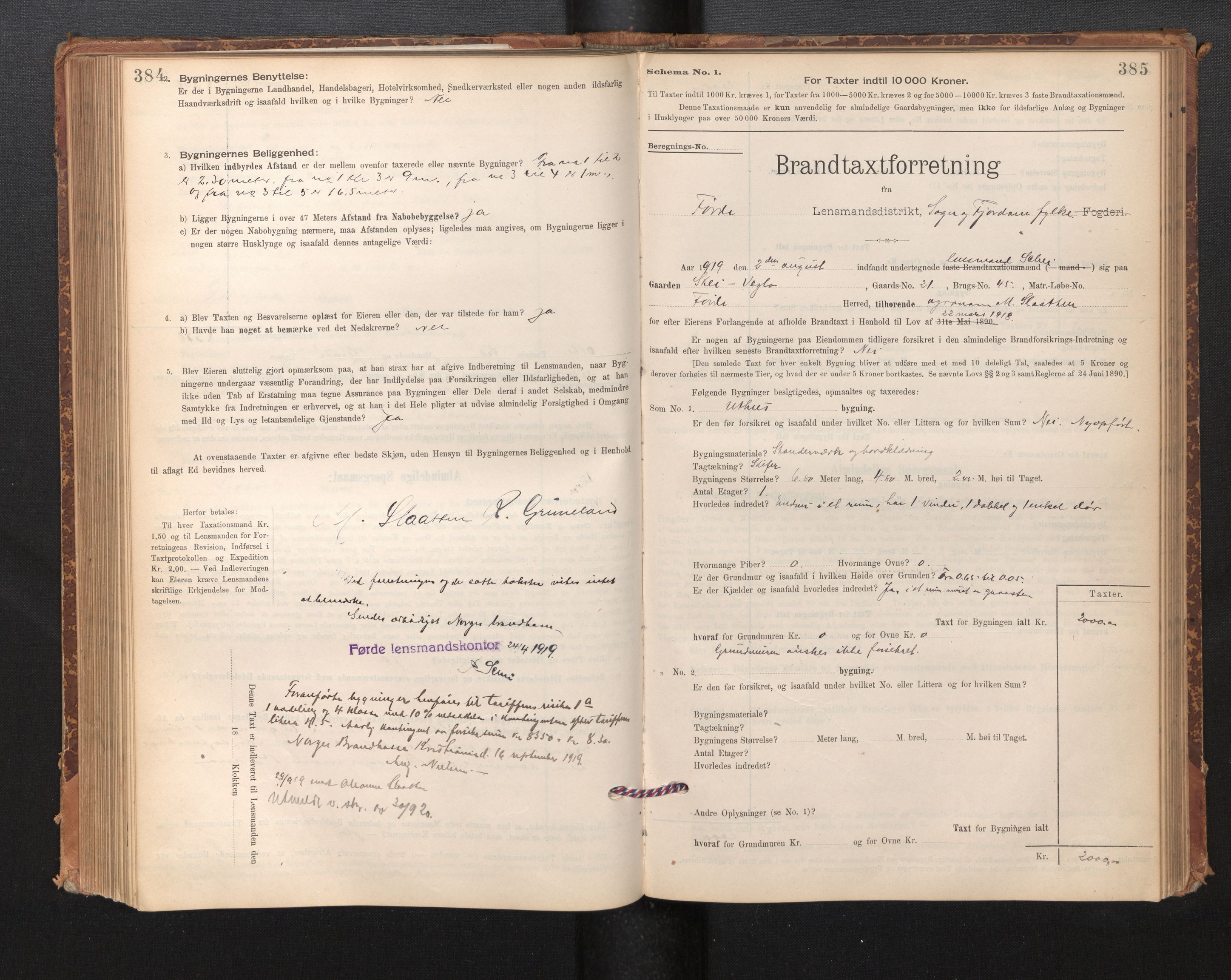 Lensmannen i Førde, SAB/A-27401/0012/L0008: Branntakstprotokoll, skjematakst, 1895-1922, p. 384-385