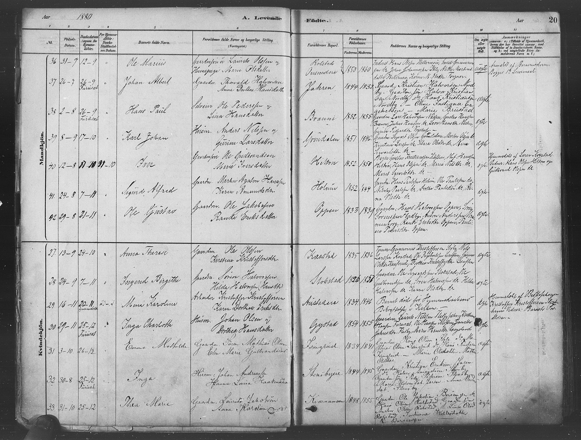 Ullensaker prestekontor Kirkebøker, AV/SAO-A-10236a/F/Fa/L0019: Parish register (official) no. I 19, 1878-1891, p. 20