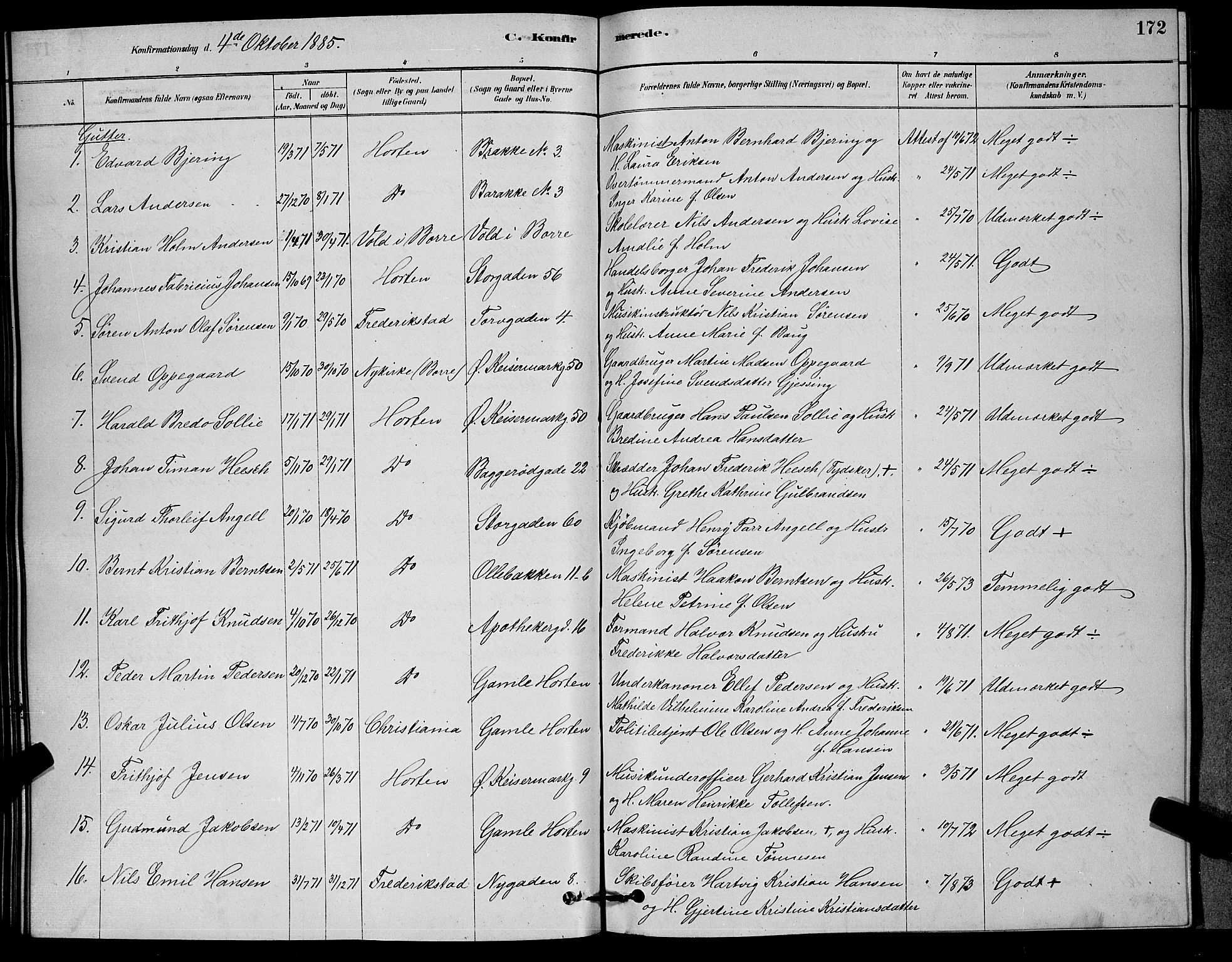 Horten kirkebøker, SAKO/A-348/G/Ga/L0003: Parish register (copy) no. 4, 1878-1887, p. 172