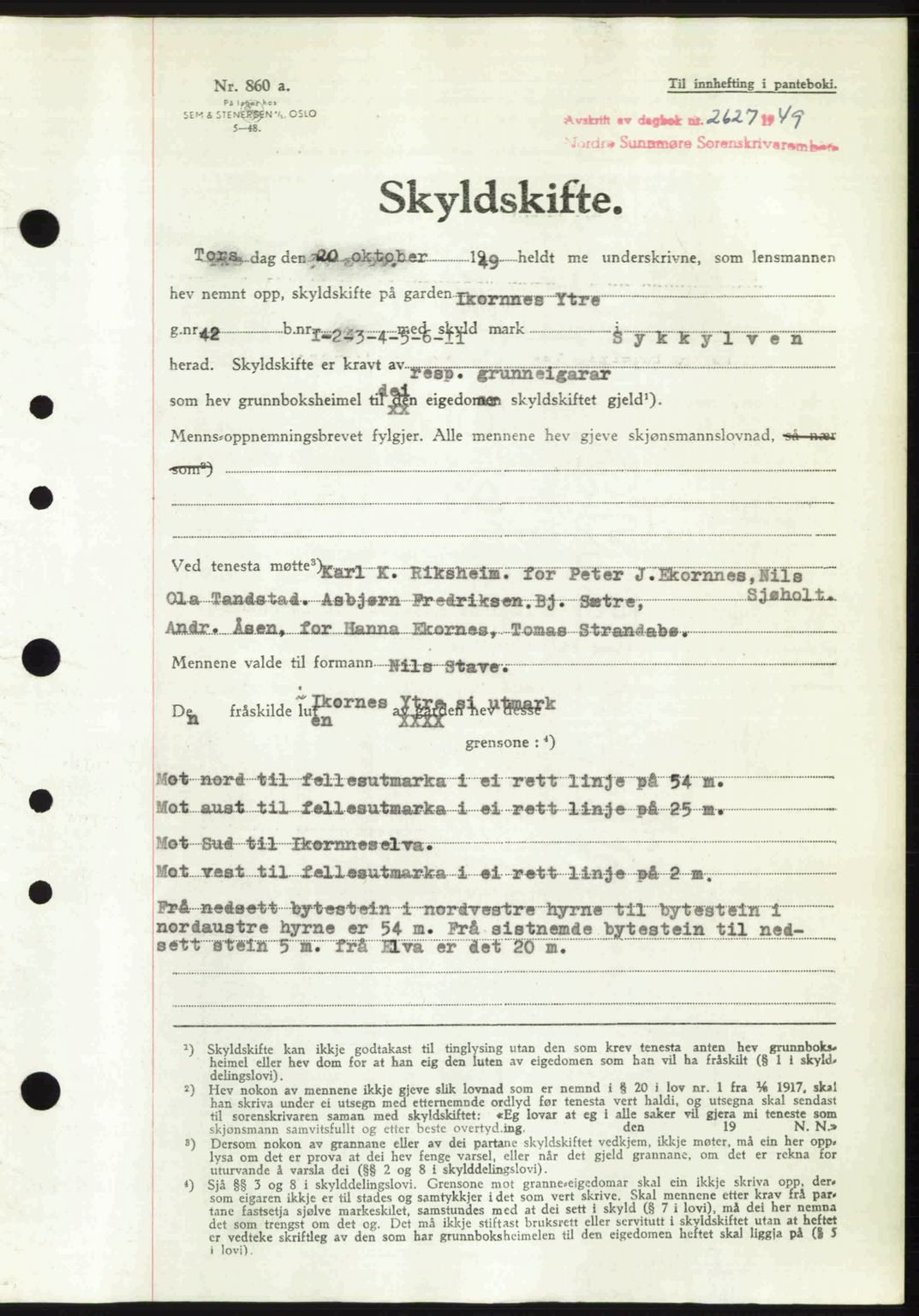 Nordre Sunnmøre sorenskriveri, AV/SAT-A-0006/1/2/2C/2Ca: Mortgage book no. A32, 1949-1949, Diary no: : 2627/1949