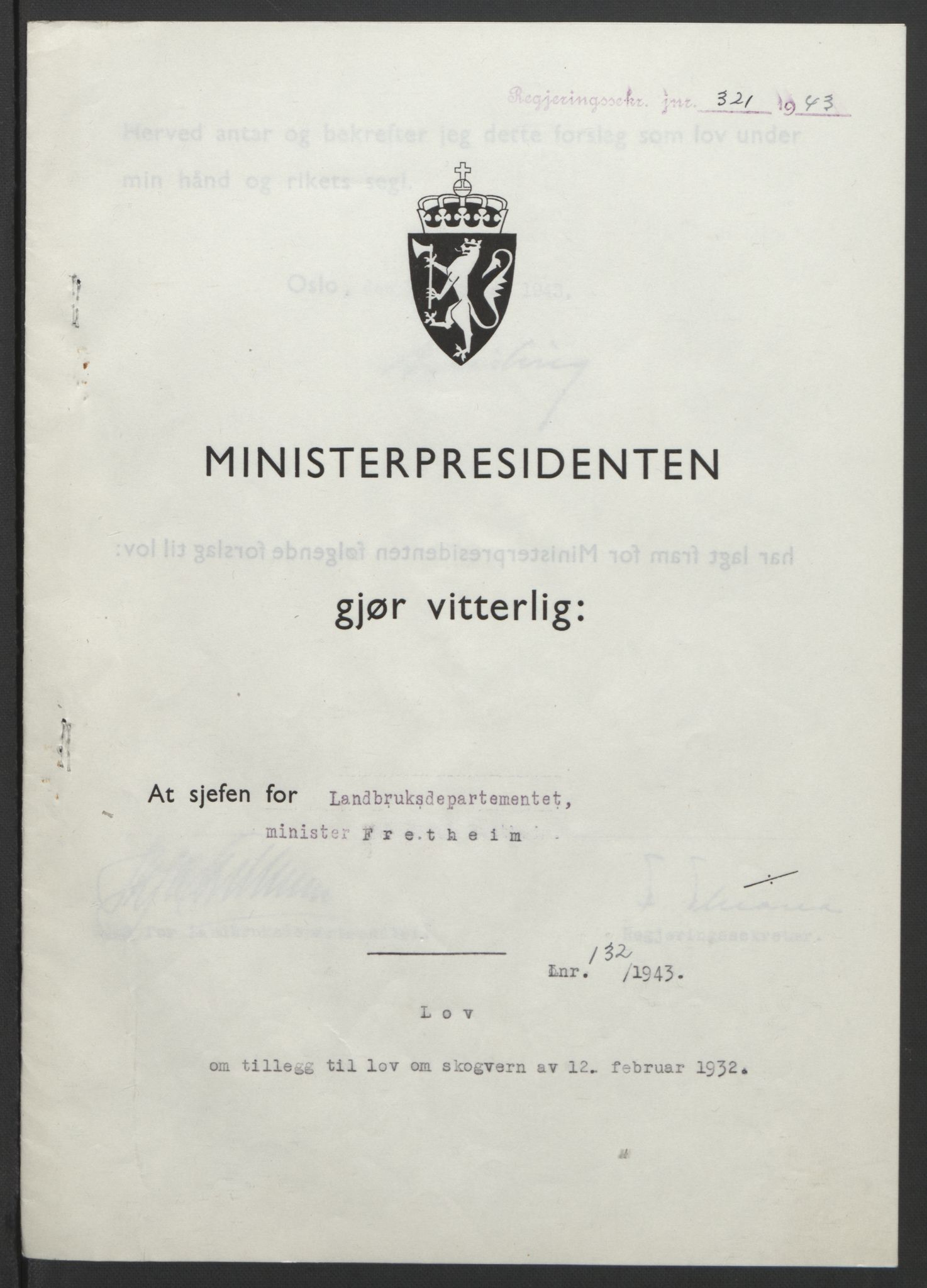 NS-administrasjonen 1940-1945 (Statsrådsekretariatet, de kommisariske statsråder mm), RA/S-4279/D/Db/L0099: Lover, 1943, p. 616