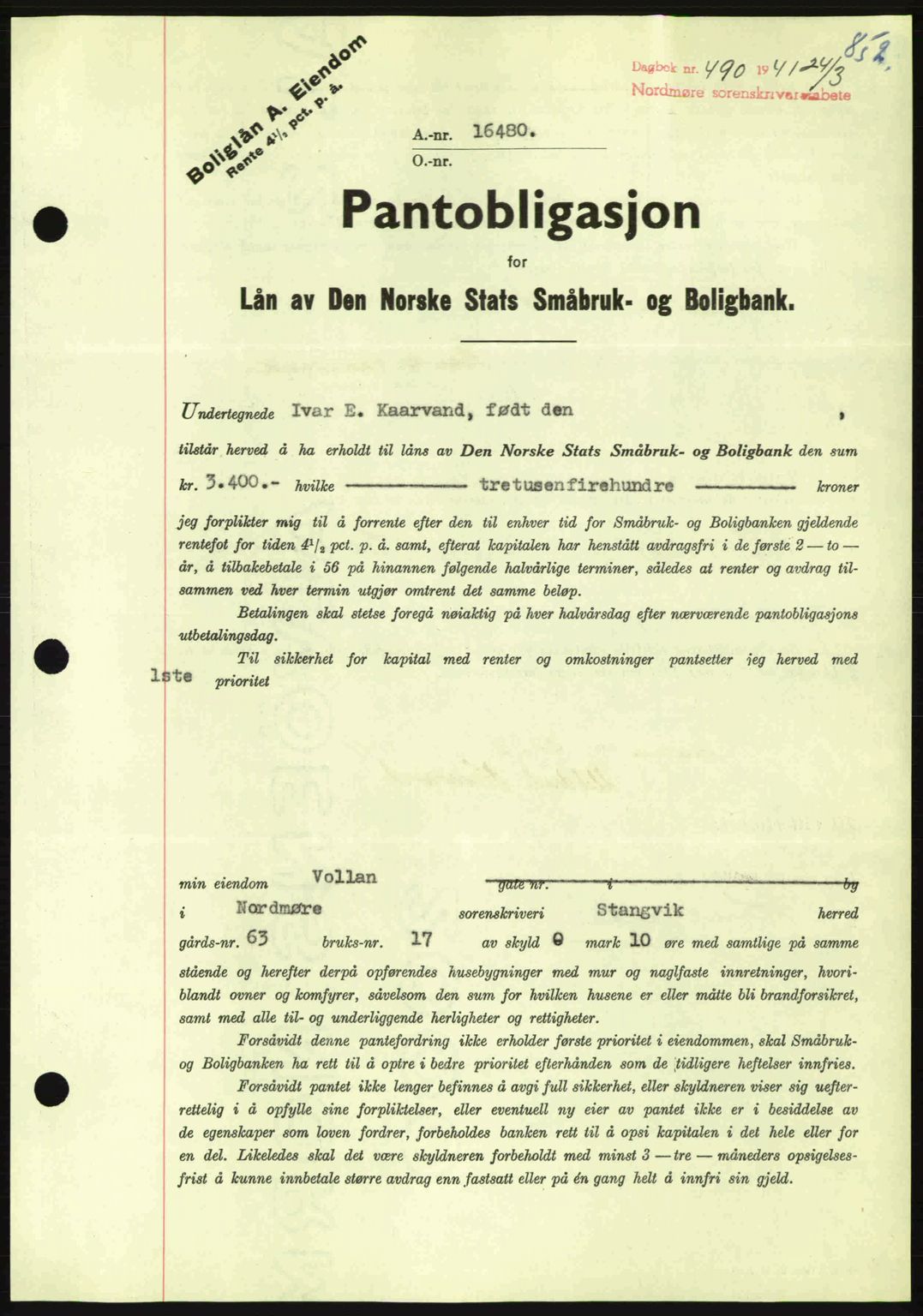 Nordmøre sorenskriveri, AV/SAT-A-4132/1/2/2Ca: Mortgage book no. B87, 1940-1941, Diary no: : 490/1941