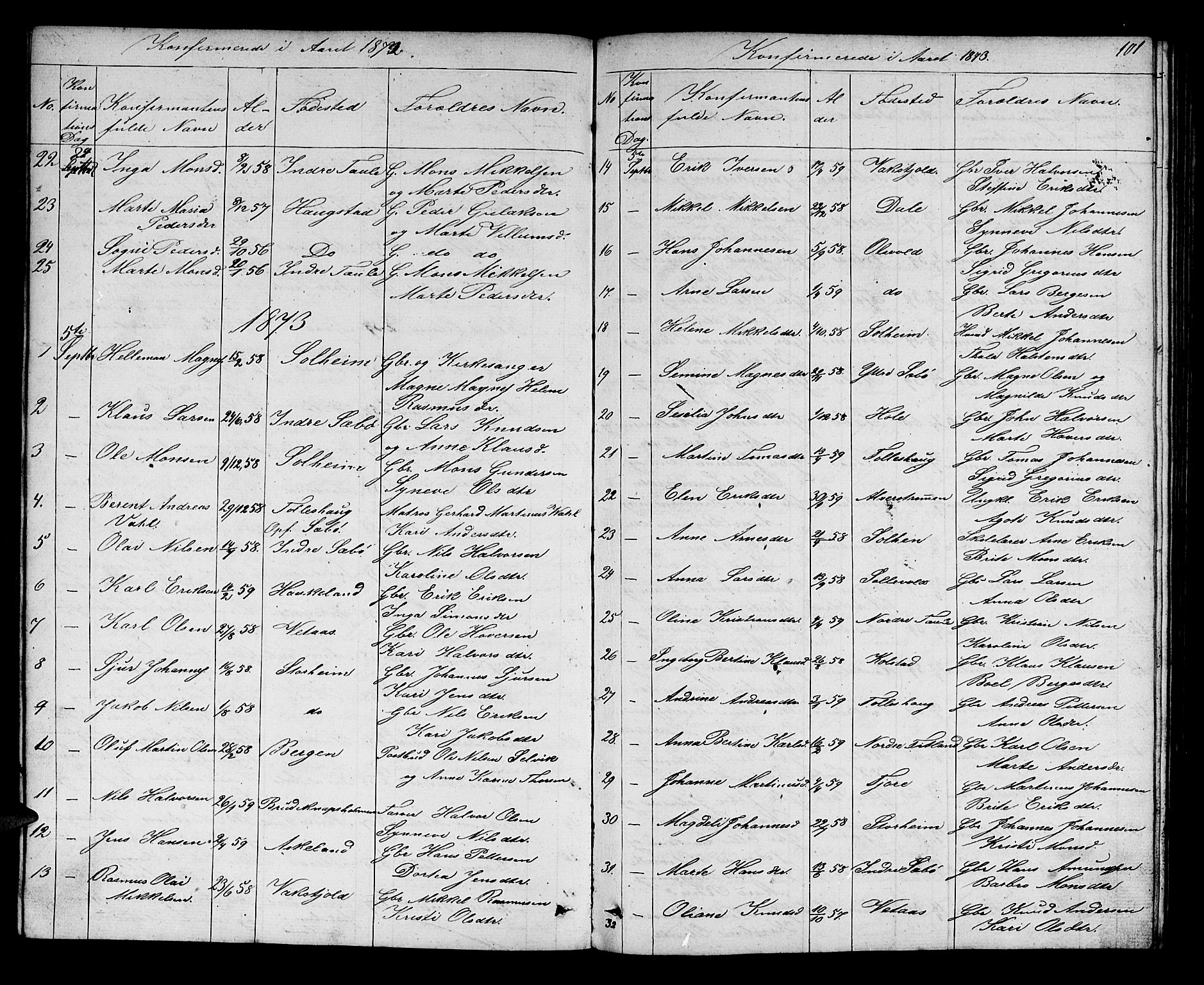 Manger sokneprestembete, SAB/A-76801/H/Hab: Parish register (copy) no. D 1, 1859-1882, p. 101