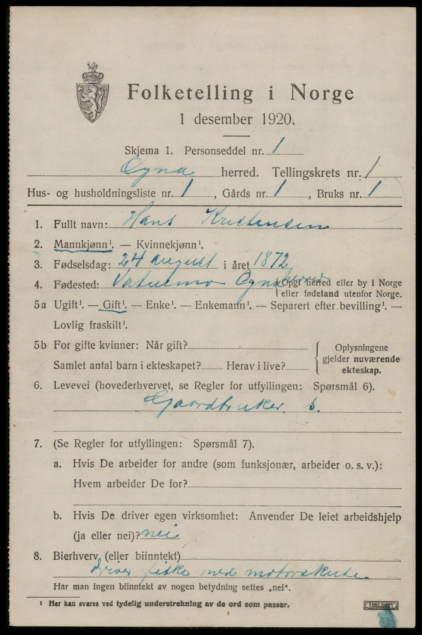 SAST, 1920 census for Ogna, 1920, p. 487