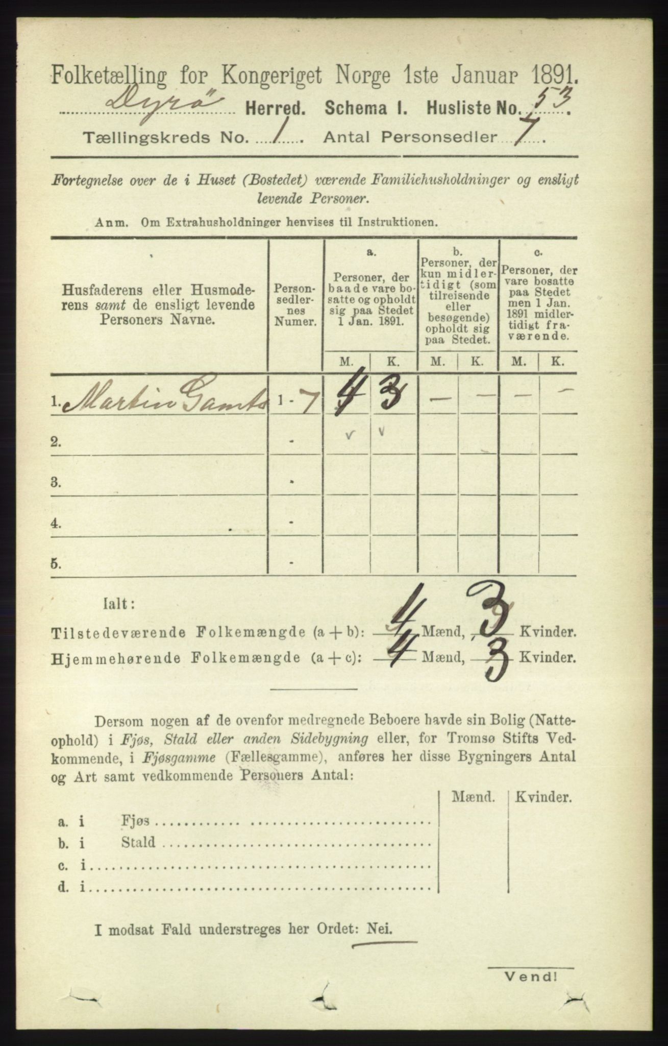 RA, 1891 census for 1926 Dyrøy, 1891, p. 68