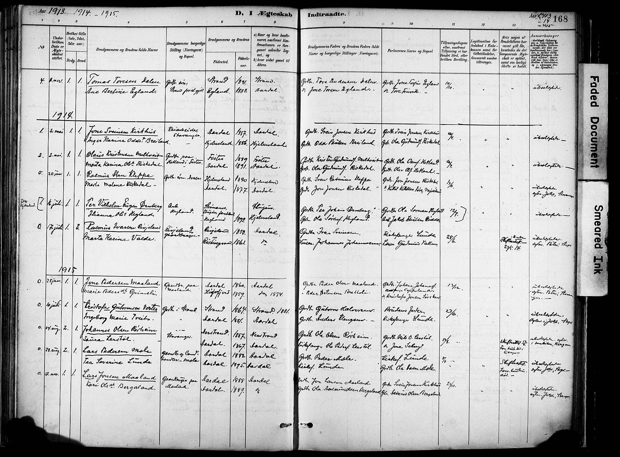 Hjelmeland sokneprestkontor, AV/SAST-A-101843/02/A/L0001: Parish register (official) no. A 16, 1887-1926, p. 168