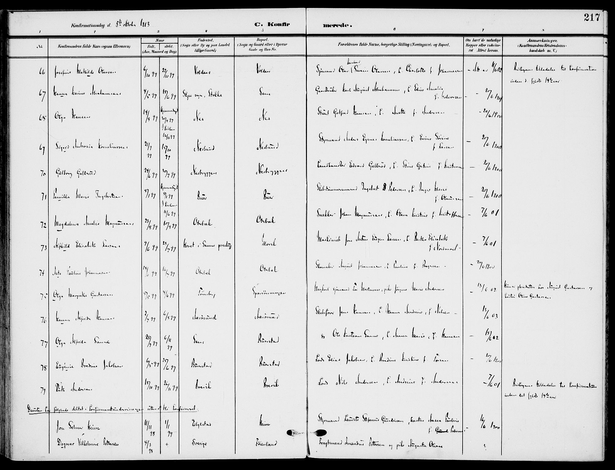 Nøtterøy kirkebøker, AV/SAKO-A-354/F/Fa/L0010: Parish register (official) no. I 10, 1908-1919, p. 217