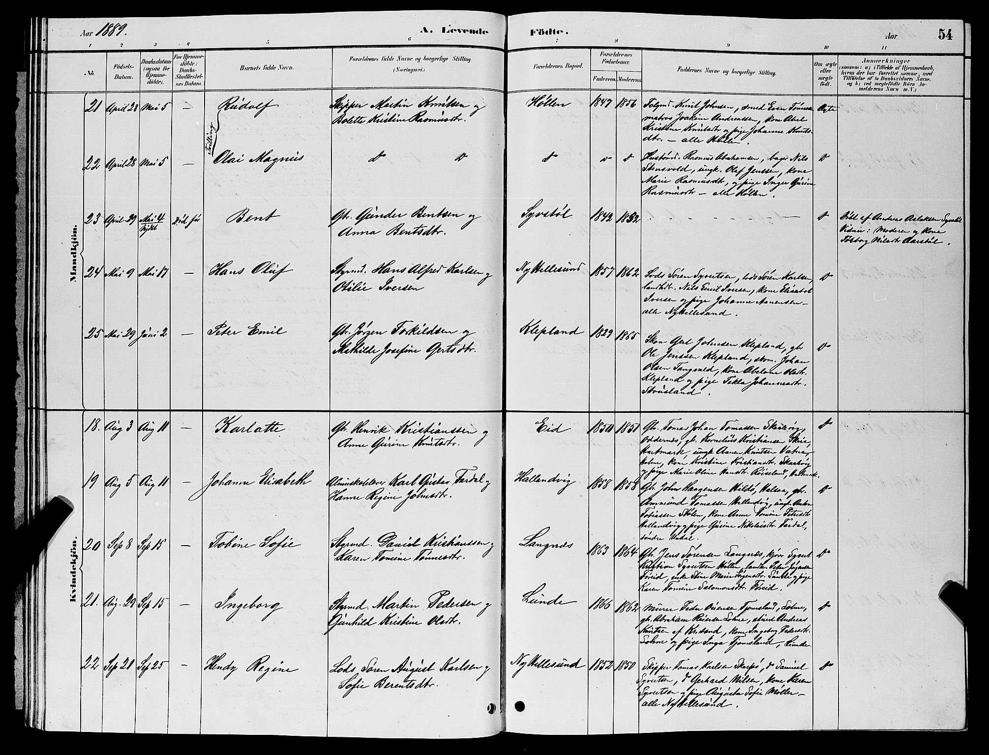 Søgne sokneprestkontor, AV/SAK-1111-0037/F/Fb/Fbb/L0005: Parish register (copy) no. B 5, 1884-1891, p. 54