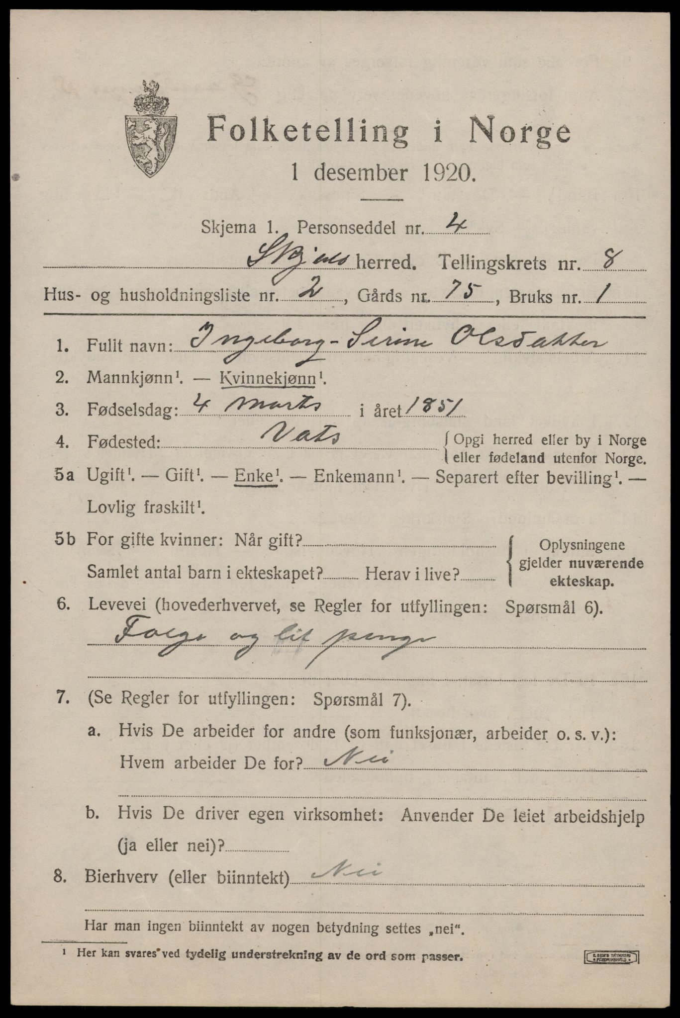 SAST, 1920 census for Skjold, 1920, p. 4194