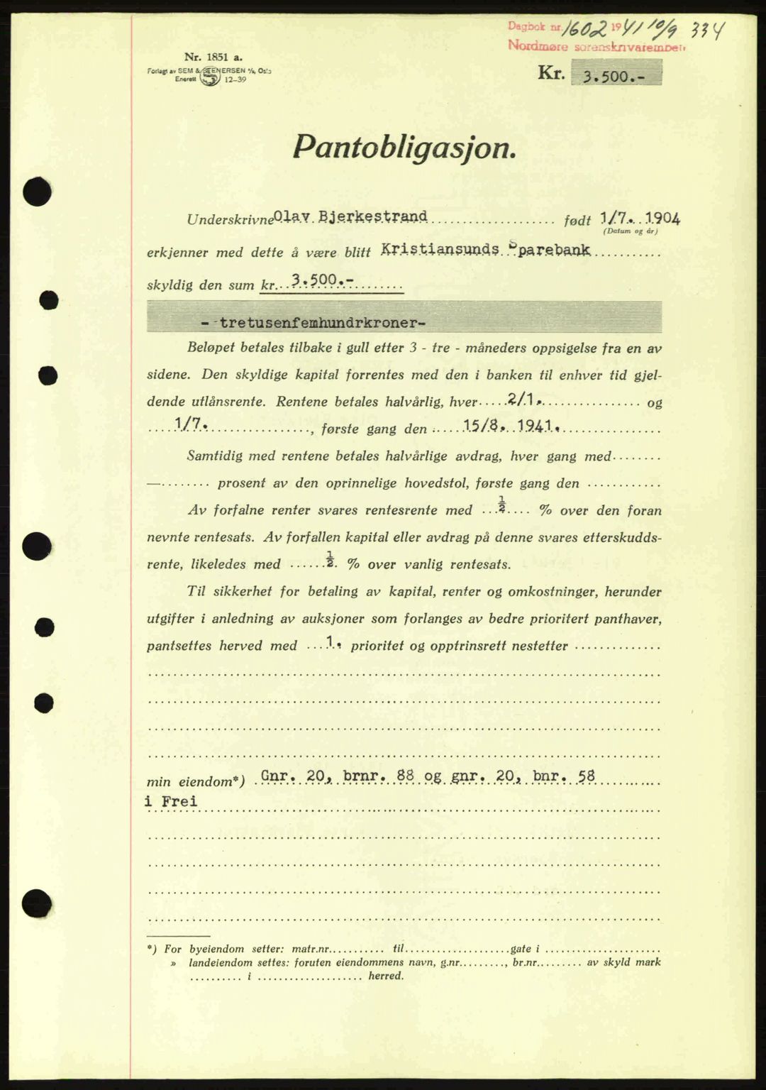 Nordmøre sorenskriveri, AV/SAT-A-4132/1/2/2Ca: Mortgage book no. B88, 1941-1942, Diary no: : 1602/1941