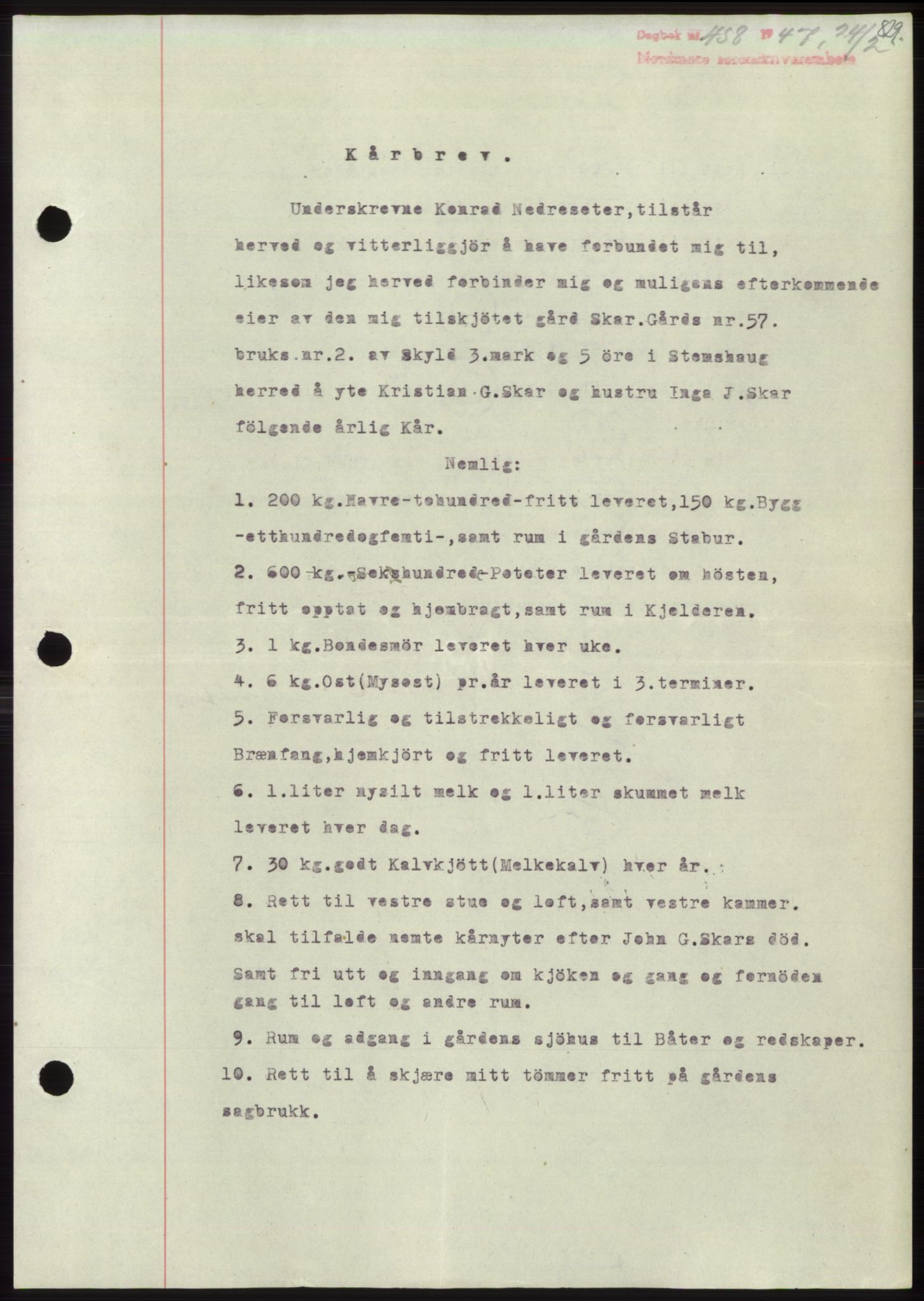 Nordmøre sorenskriveri, AV/SAT-A-4132/1/2/2Ca: Mortgage book no. B95, 1946-1947, Diary no: : 458/1947