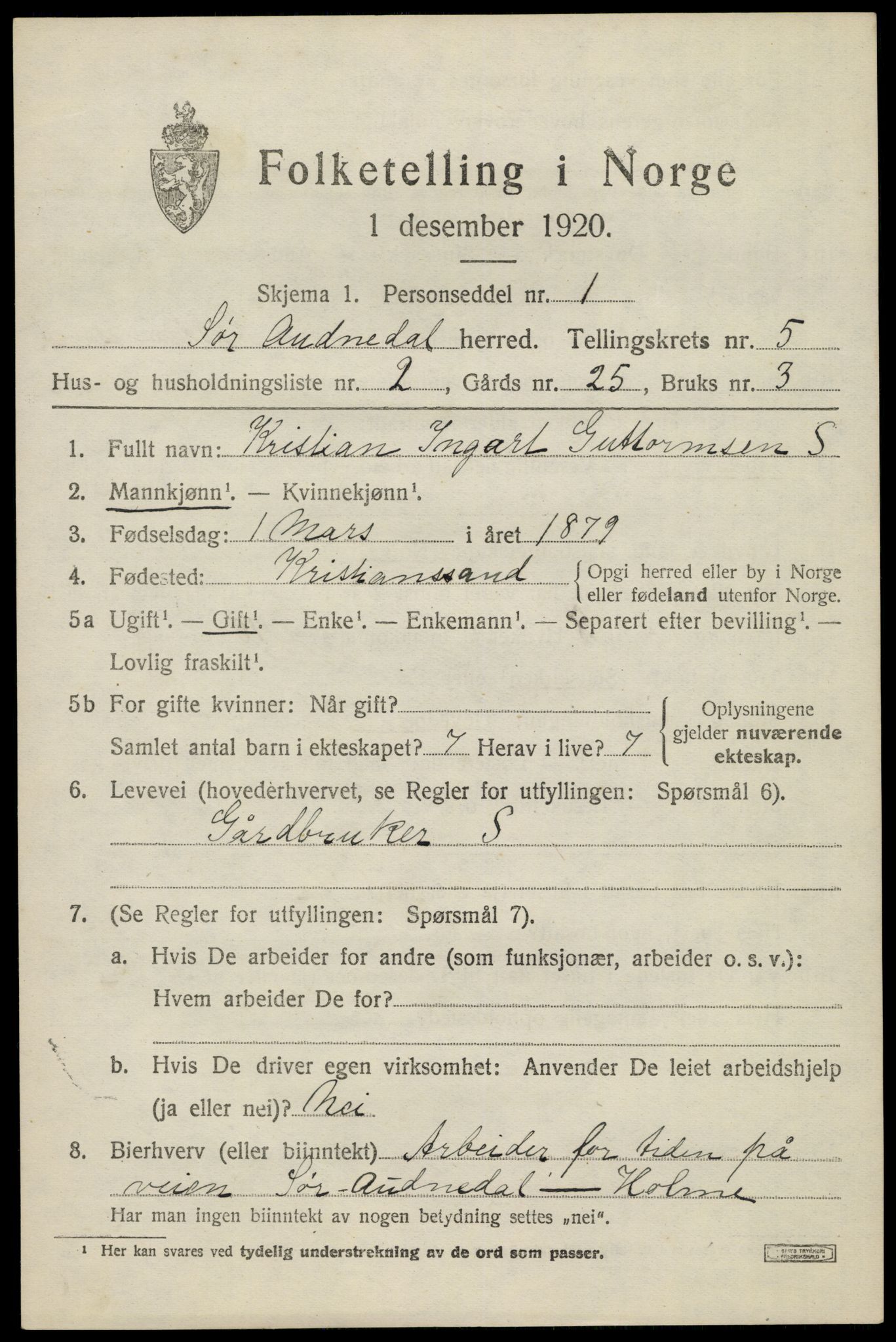 SAK, 1920 census for Sør-Audnedal, 1920, p. 2495