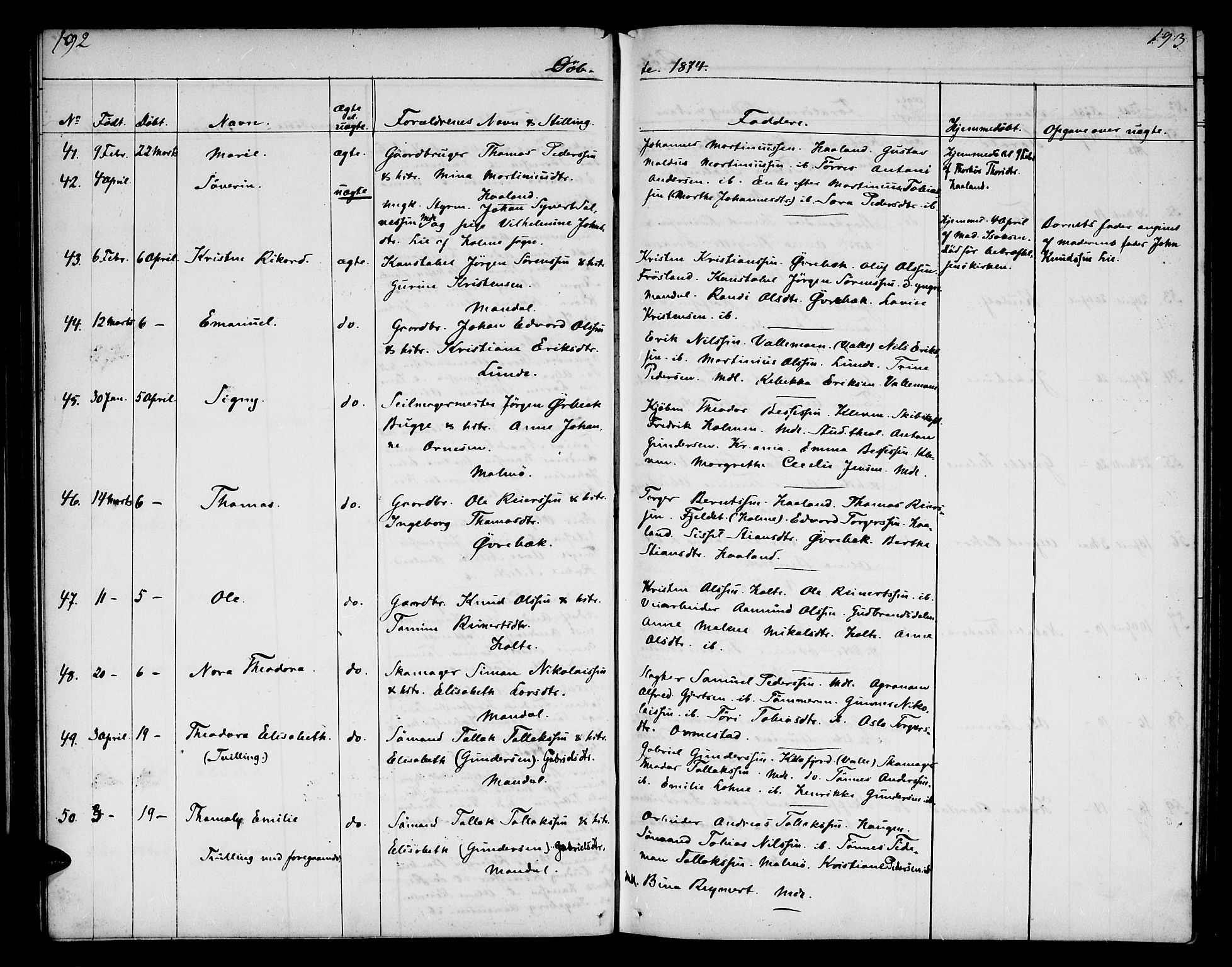 Mandal sokneprestkontor, AV/SAK-1111-0030/F/Fb/Fba/L0009: Parish register (copy) no. B 3, 1867-1877, p. 192-193