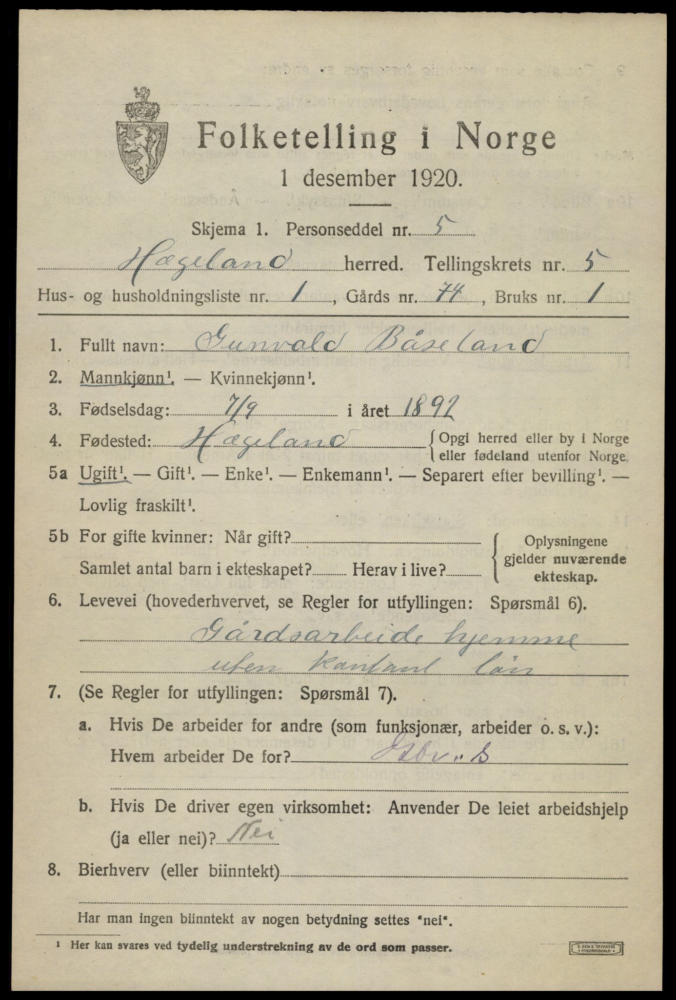 SAK, 1920 census for Hægeland, 1920, p. 1979