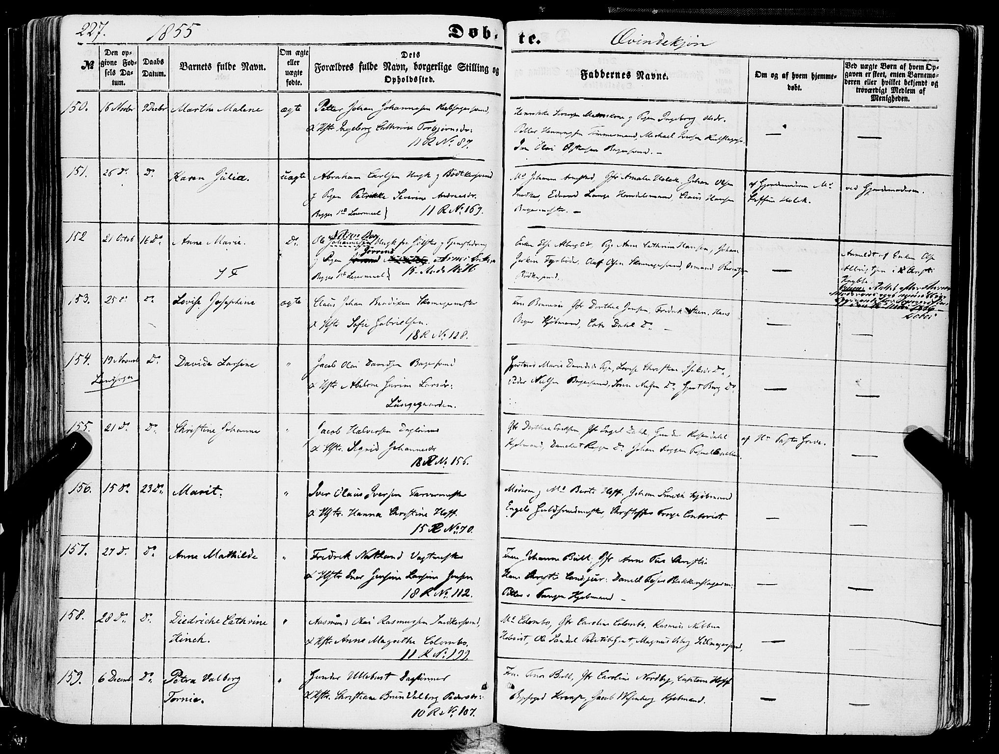 Domkirken sokneprestembete, AV/SAB-A-74801/H/Haa/L0020: Parish register (official) no. B 3, 1851-1859, p. 227