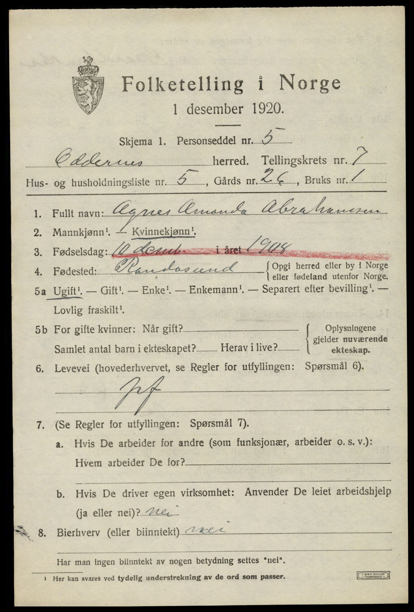 SAK, 1920 census for Oddernes, 1920, p. 5415