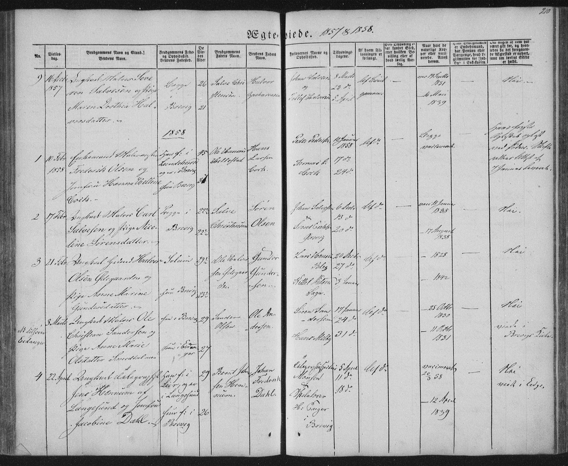 Brevik kirkebøker, SAKO/A-255/F/Fa/L0005: Parish register (official) no. 5, 1847-1865, p. 210