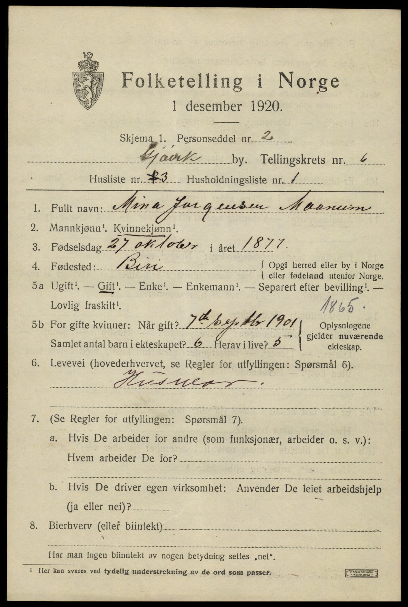 SAH, 1920 census for Gjøvik, 1920, p. 10502