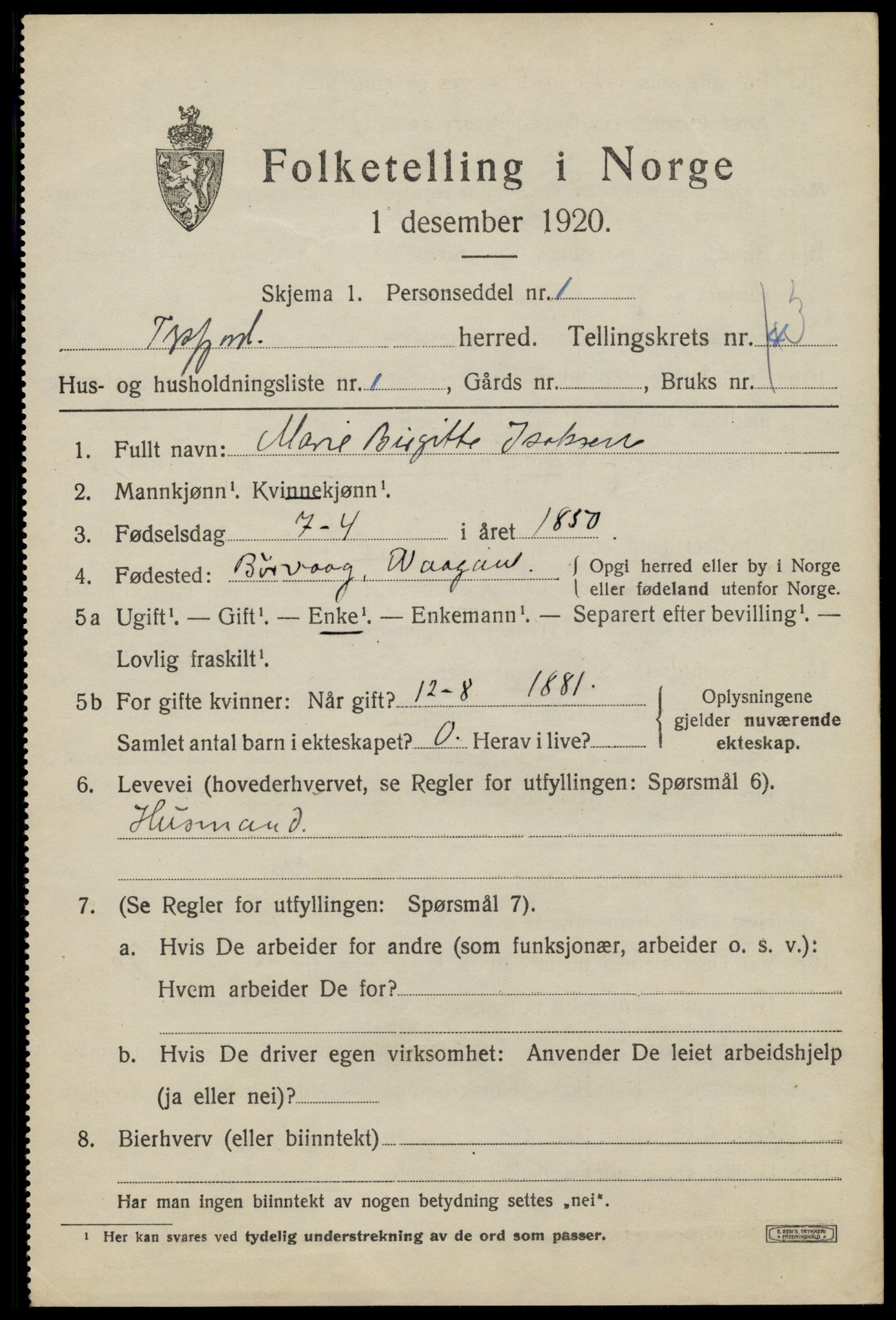 SAT, 1920 census for Tysfjord, 1920, p. 2257