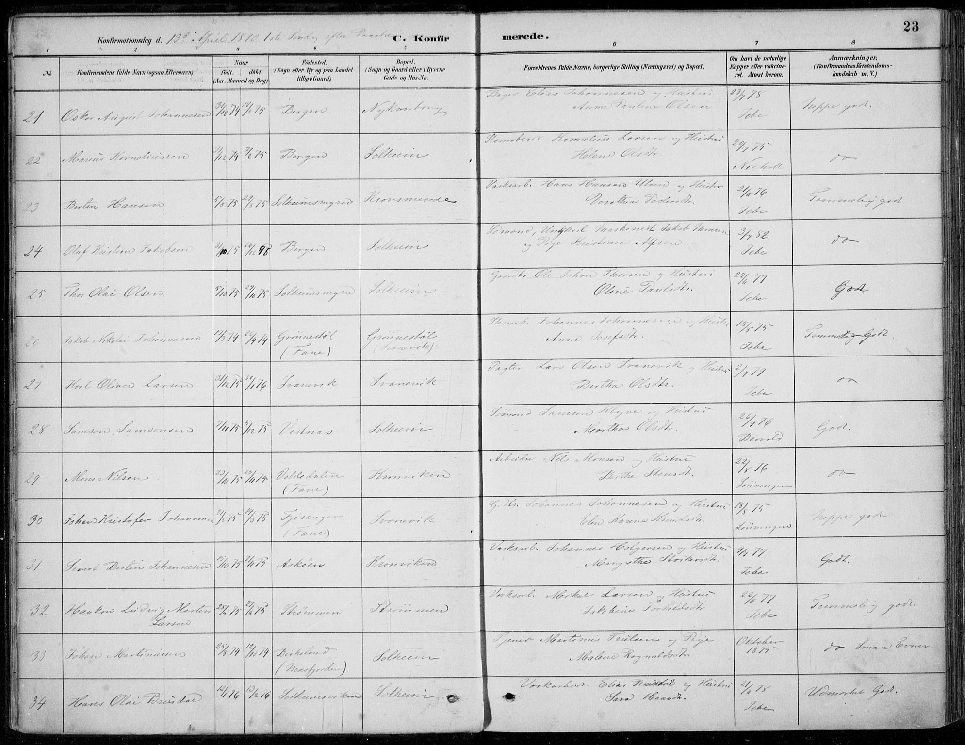 Årstad Sokneprestembete, AV/SAB-A-79301/H/Haa/L0006: Parish register (official) no. B 1, 1886-1901, p. 23