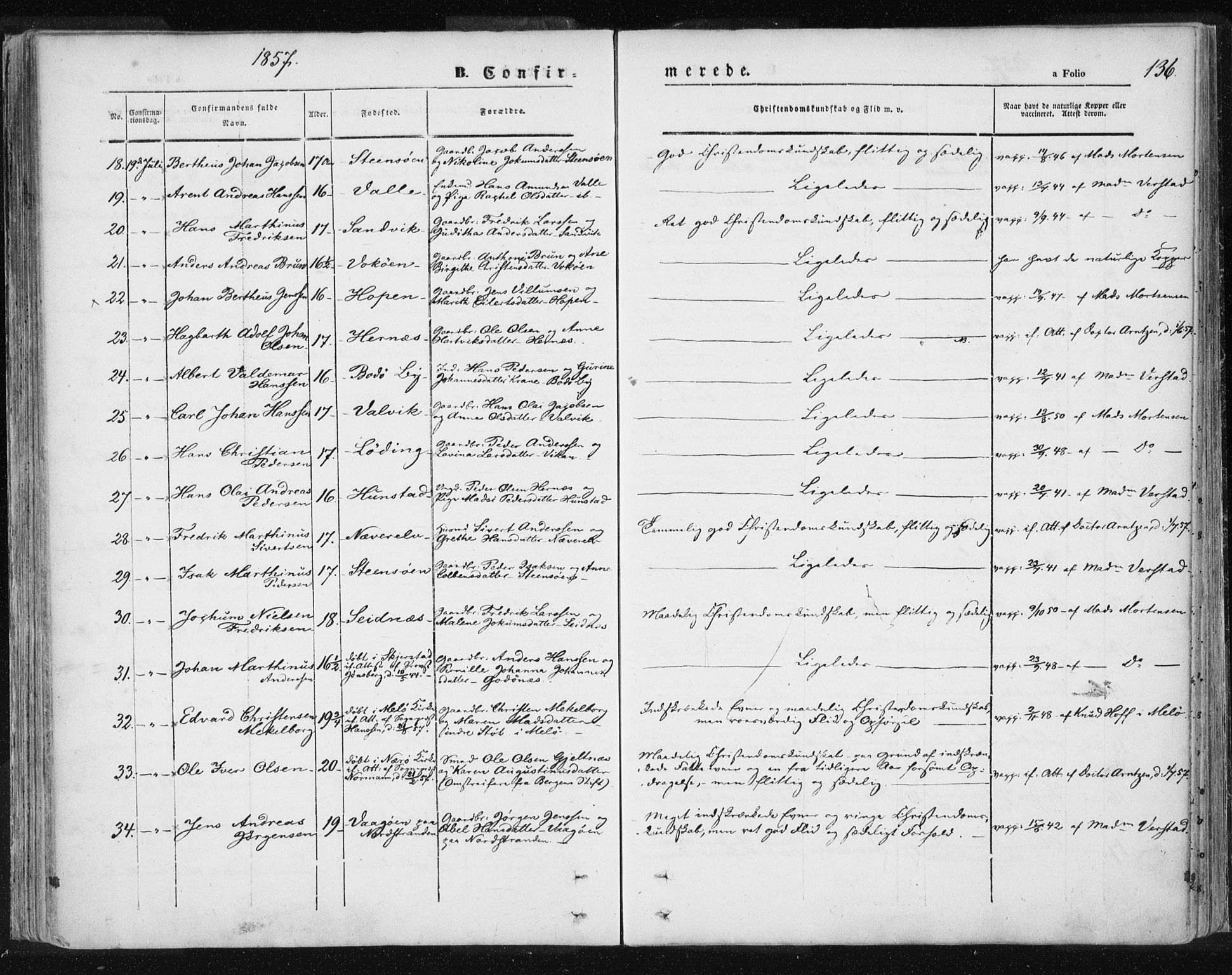 Ministerialprotokoller, klokkerbøker og fødselsregistre - Nordland, SAT/A-1459/801/L0007: Parish register (official) no. 801A07, 1845-1863, p. 136