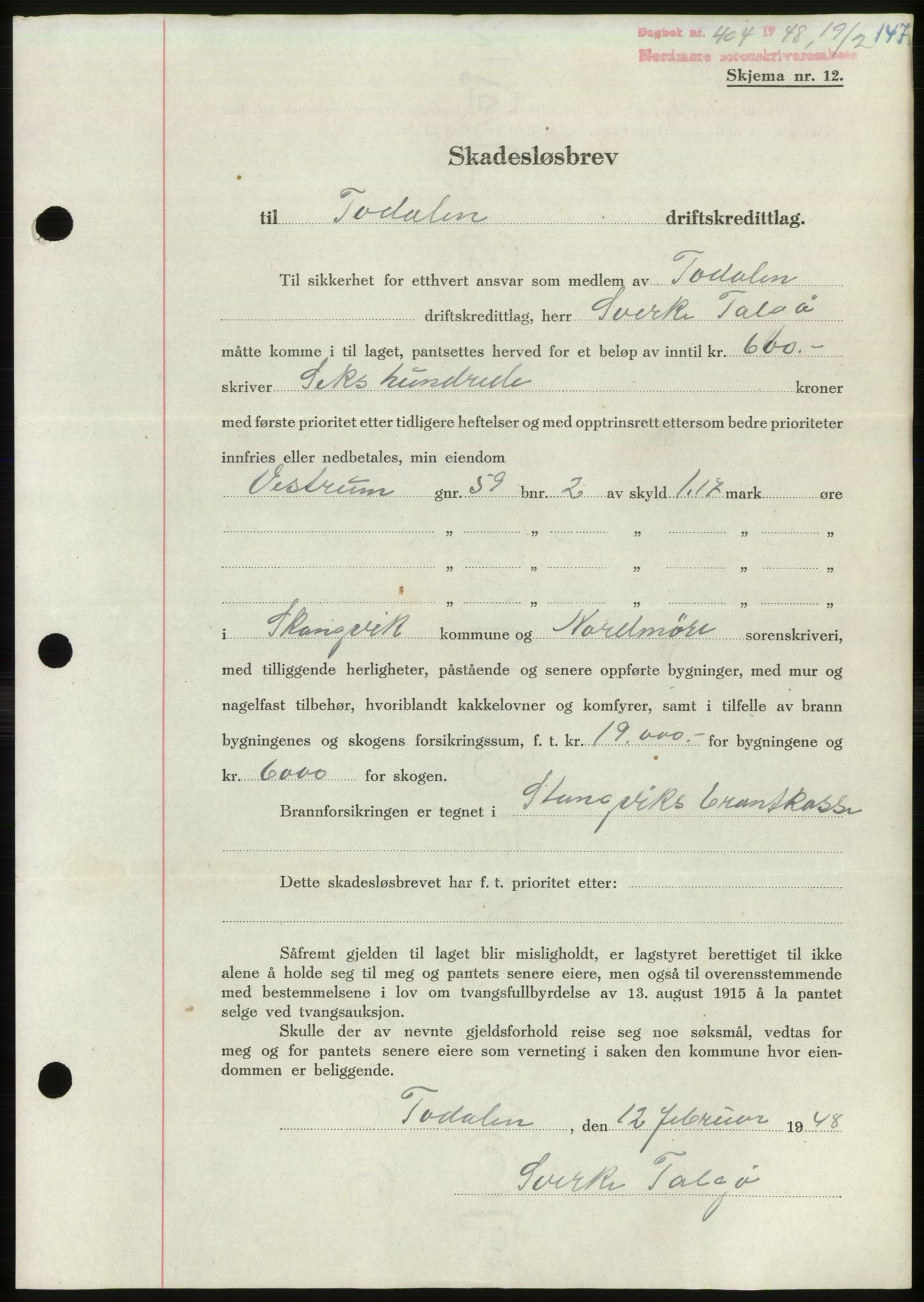 Nordmøre sorenskriveri, AV/SAT-A-4132/1/2/2Ca: Mortgage book no. B98, 1948-1948, Diary no: : 404/1948