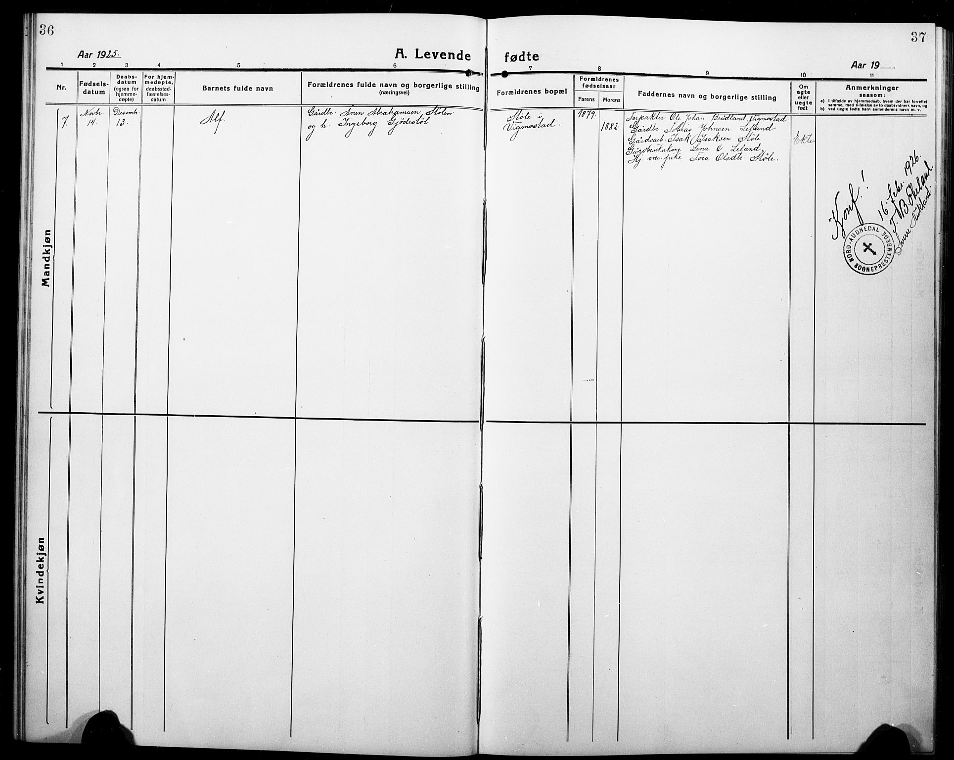 Nord-Audnedal sokneprestkontor, AV/SAK-1111-0032/F/Fb/Fbb/L0005: Parish register (copy) no. B 5, 1918-1929, p. 36-37