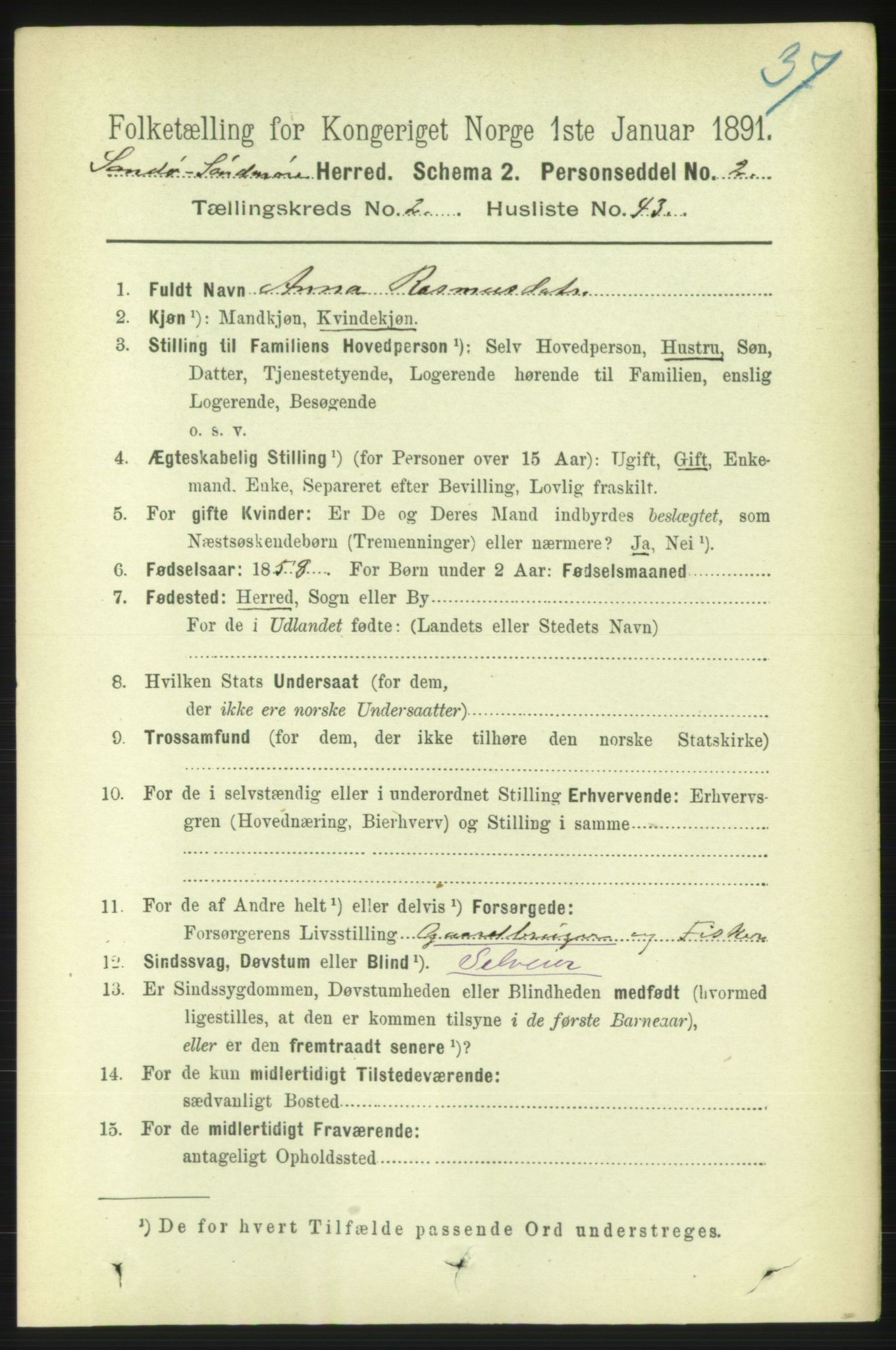 RA, 1891 census for 1514 Sande, 1891, p. 411