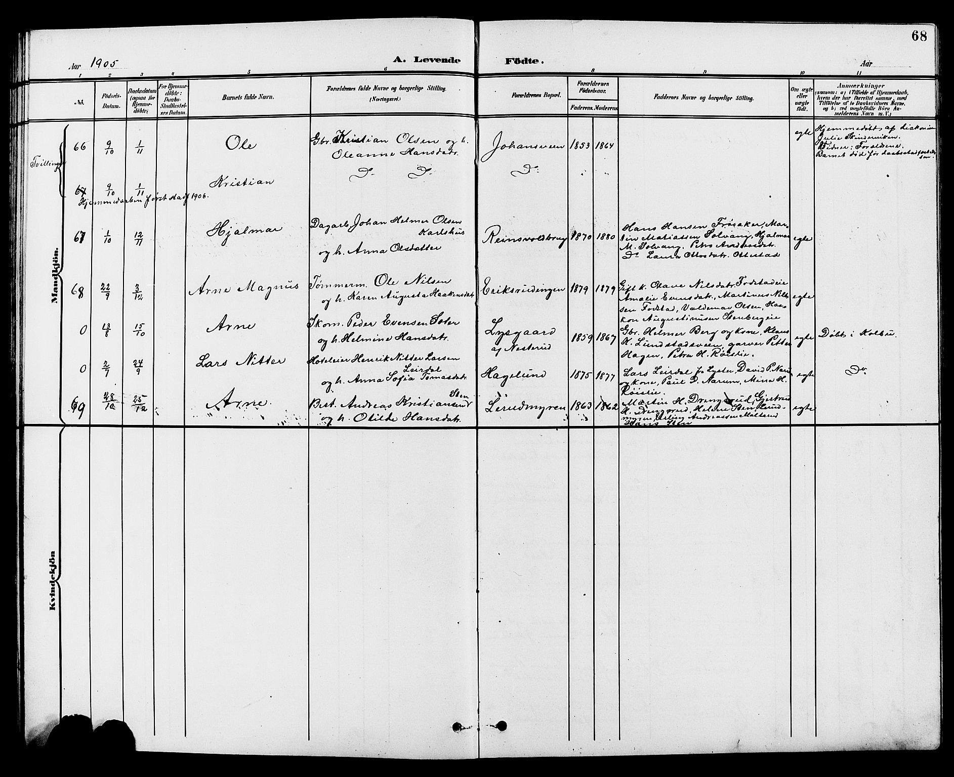 Vestre Toten prestekontor, SAH/PREST-108/H/Ha/Hab/L0010: Parish register (copy) no. 10, 1900-1912, p. 68