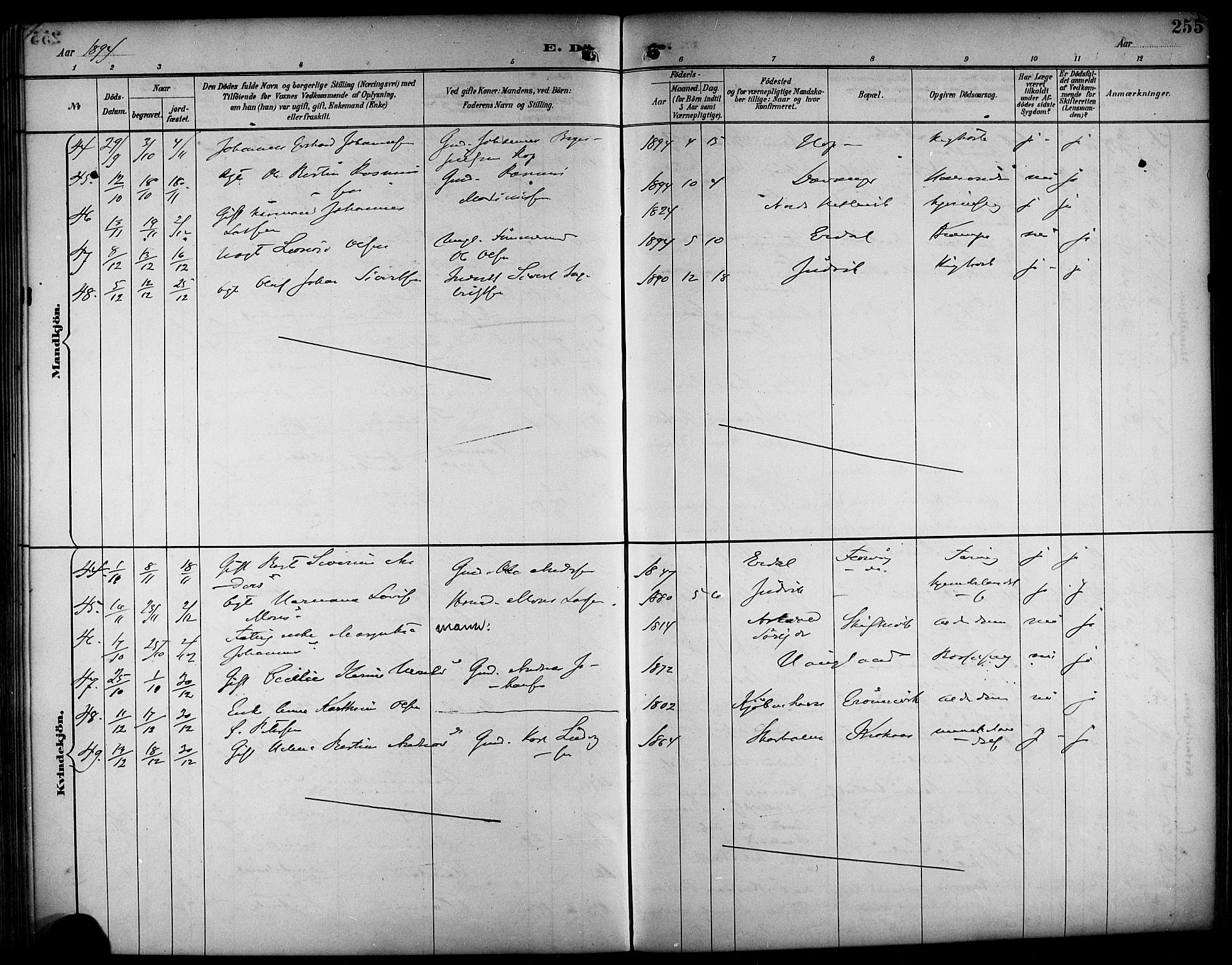 Askøy Sokneprestembete, AV/SAB-A-74101/H/Ha/Haa/Haab/L0002: Parish register (official) no. B 2, 1889-1902, p. 255