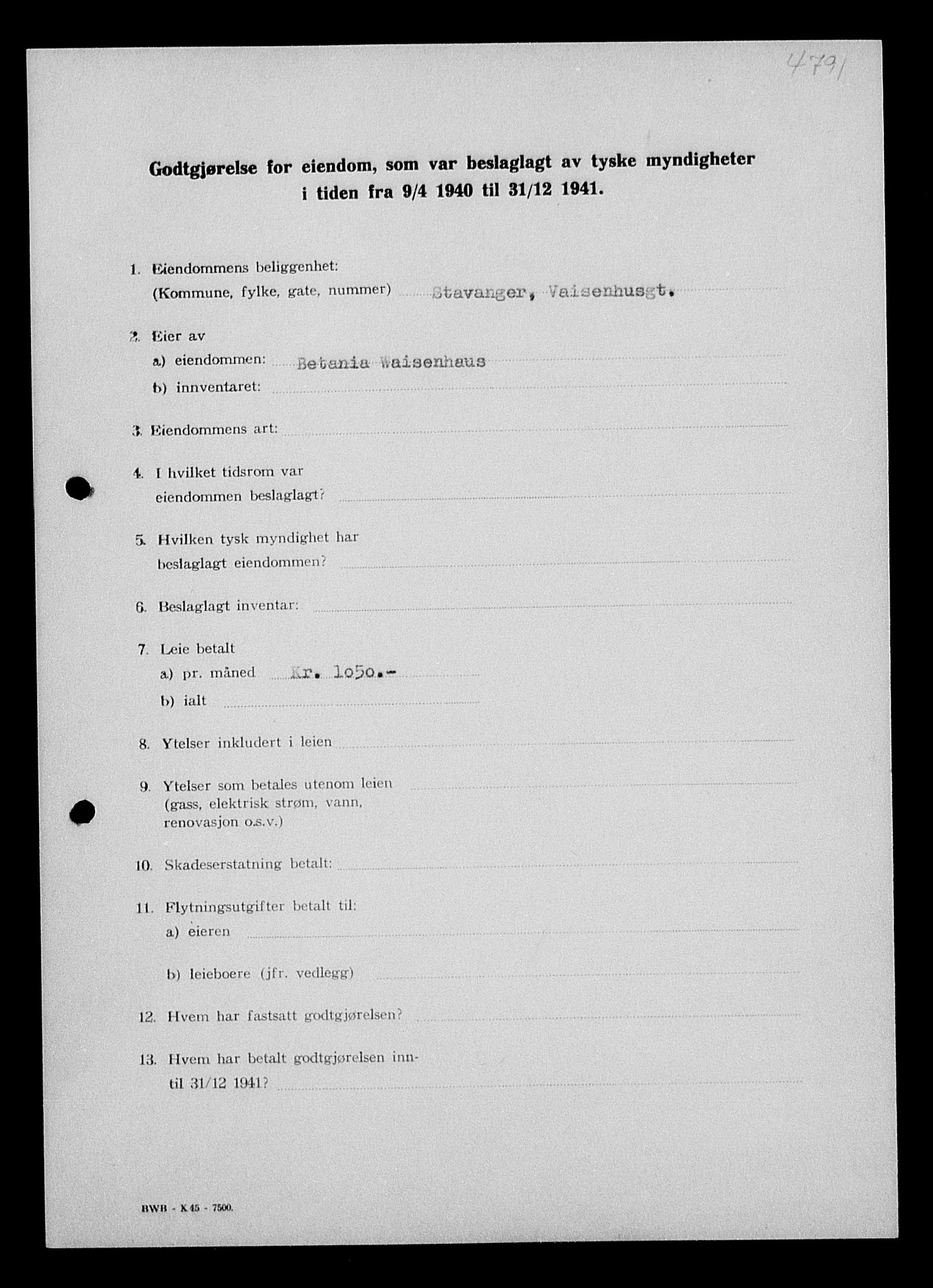 Justisdepartementet, Tilbakeføringskontoret for inndratte formuer, AV/RA-S-1564/I/L1014: Godtgjørelse for beslaglagt eiendom, 1940-1941, p. 14