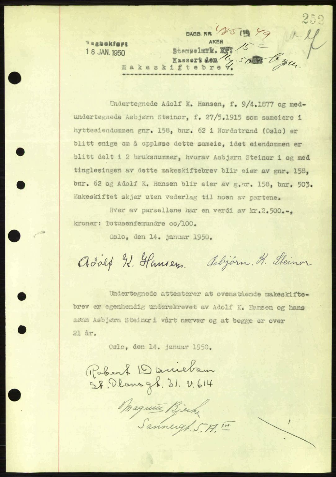 Oslo byskriverembete, AV/SAO-A-10227/G/Gb/Gbd/Gbda/L0017: Mortgage book no. A215, 1949-1950, Diary no: : 485/1950