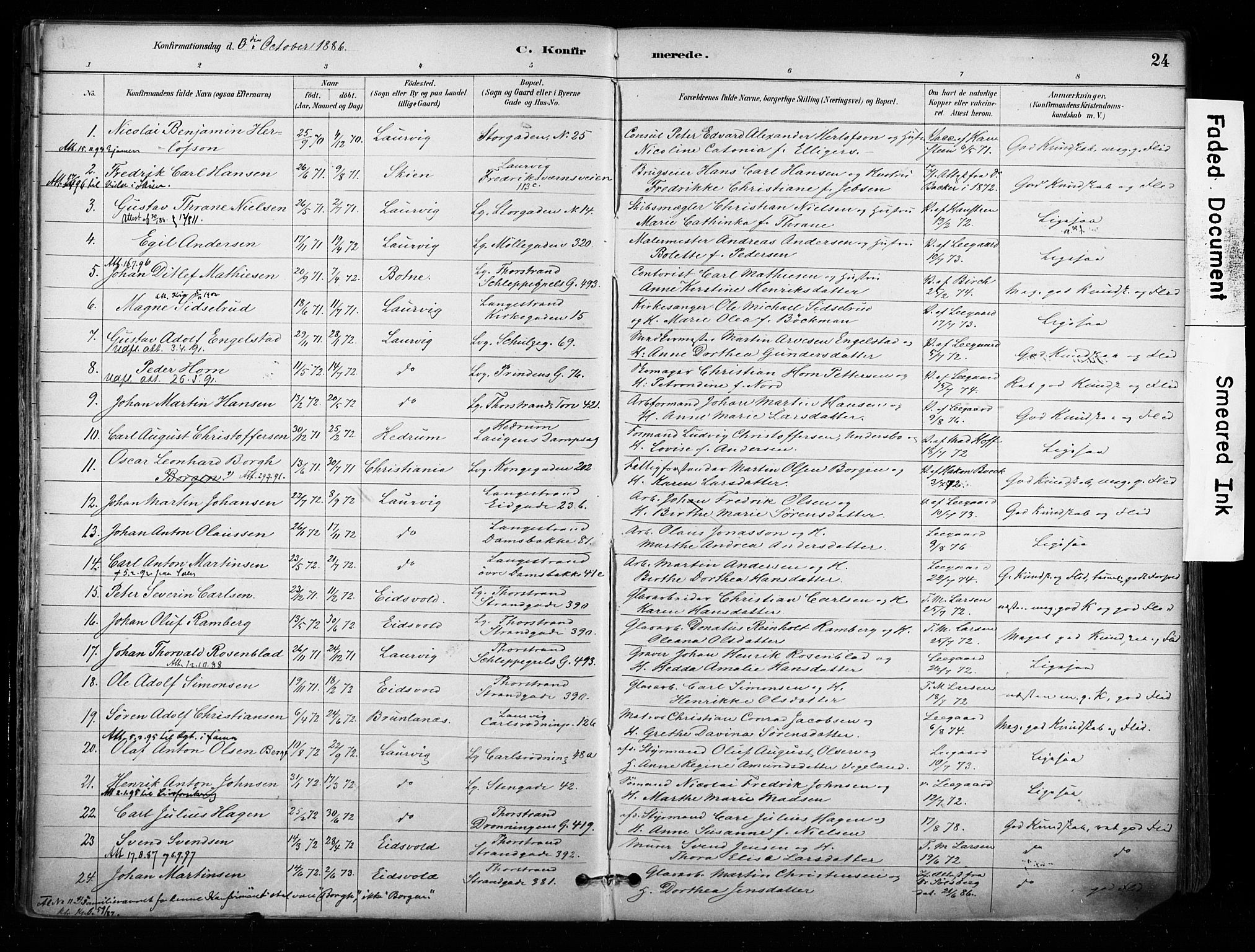 Larvik kirkebøker, AV/SAKO-A-352/F/Fa/L0008: Parish register (official) no. I 8, 1884-1902, p. 24