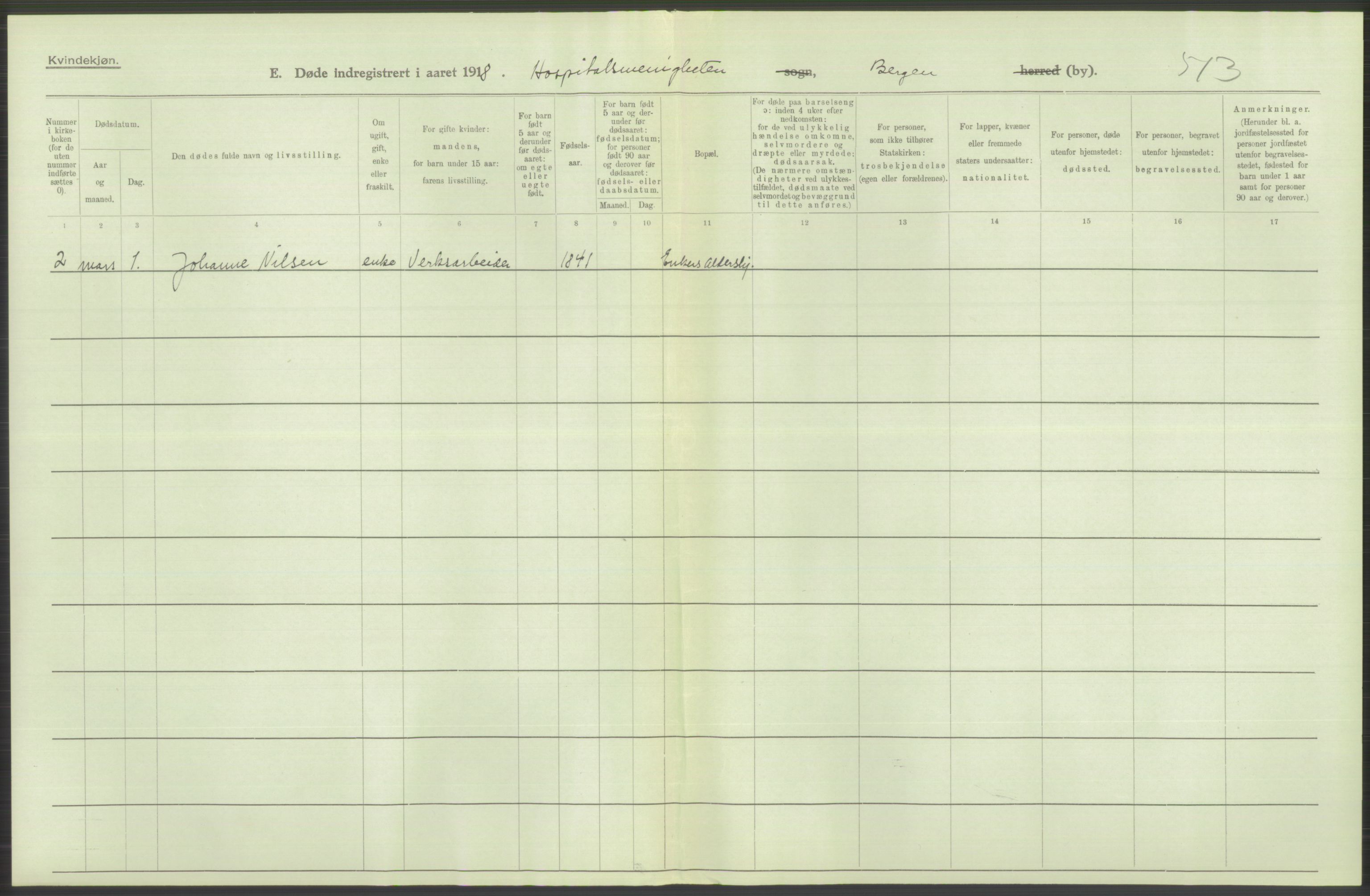 Statistisk sentralbyrå, Sosiodemografiske emner, Befolkning, AV/RA-S-2228/D/Df/Dfb/Dfbh/L0039: Bergen: Døde., 1918, p. 424