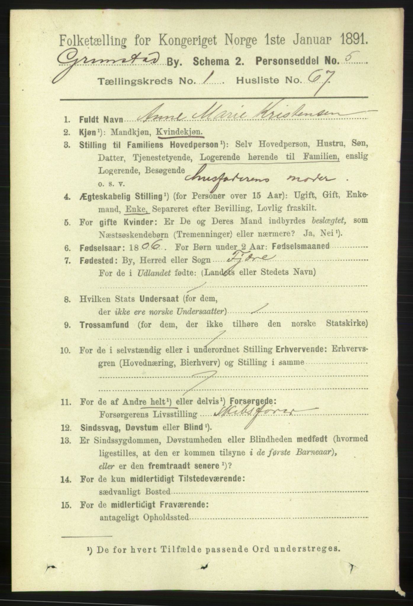 RA, 1891 census for 0904 Grimstad, 1891, p. 1489