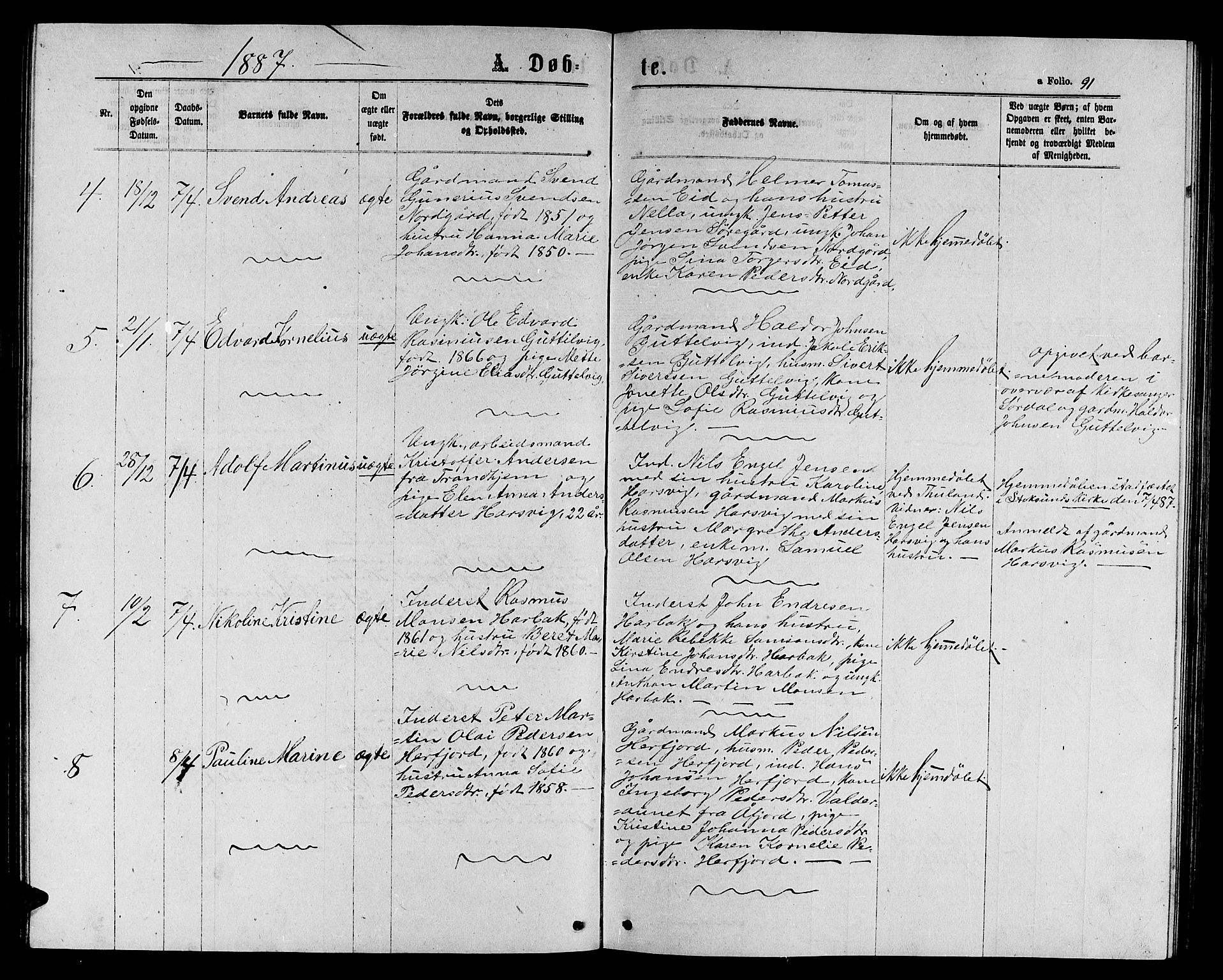 Ministerialprotokoller, klokkerbøker og fødselsregistre - Sør-Trøndelag, SAT/A-1456/656/L0695: Parish register (copy) no. 656C01, 1867-1889, p. 91