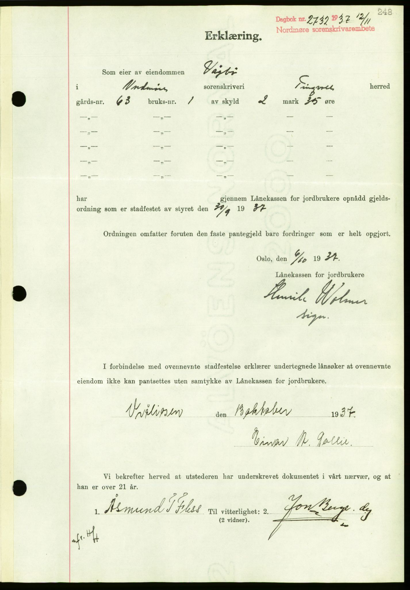 Nordmøre sorenskriveri, AV/SAT-A-4132/1/2/2Ca/L0092: Mortgage book no. B82, 1937-1938, Diary no: : 2732/1937