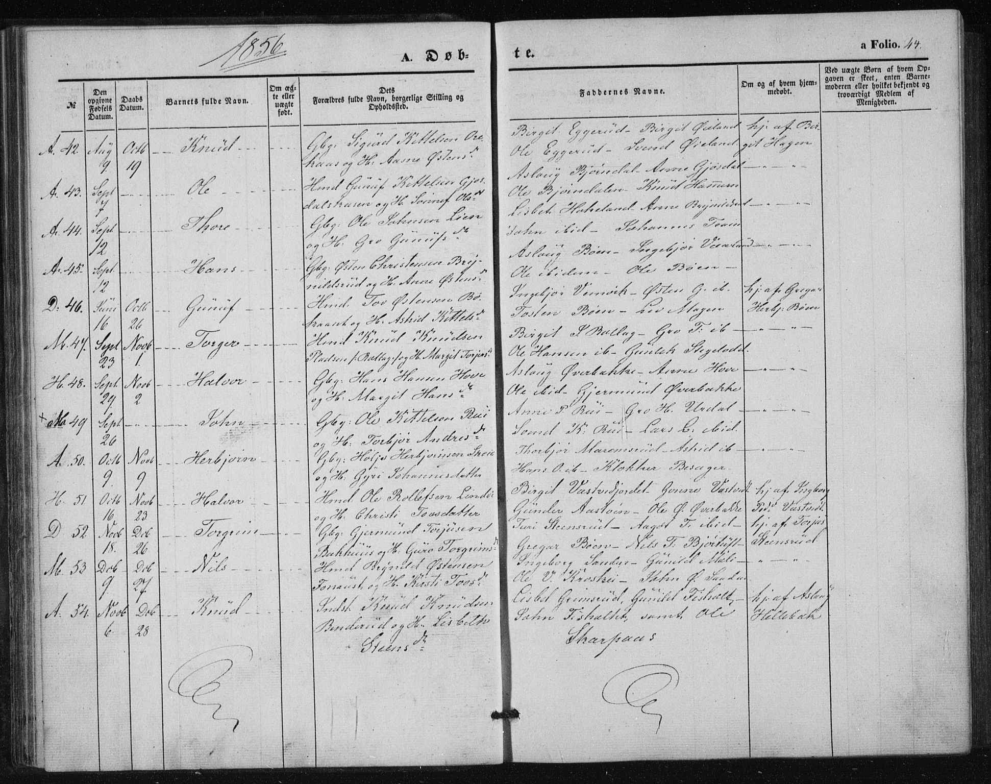 Tinn kirkebøker, AV/SAKO-A-308/F/Fa/L0005: Parish register (official) no. I 5, 1844-1856, p. 44