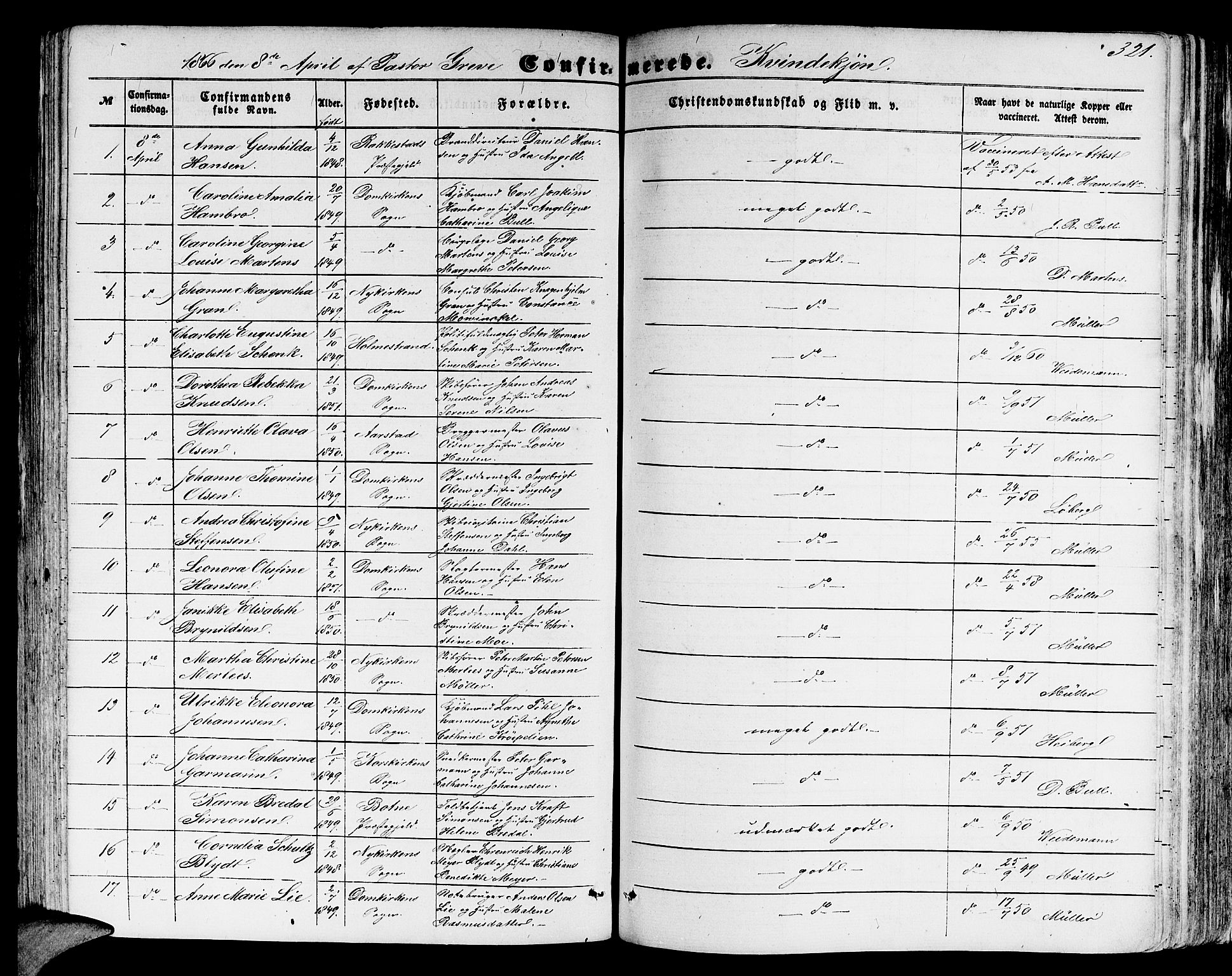 Domkirken sokneprestembete, SAB/A-74801/H/Hab/L0023: Parish register (copy) no. C 3, 1854-1880, p. 321