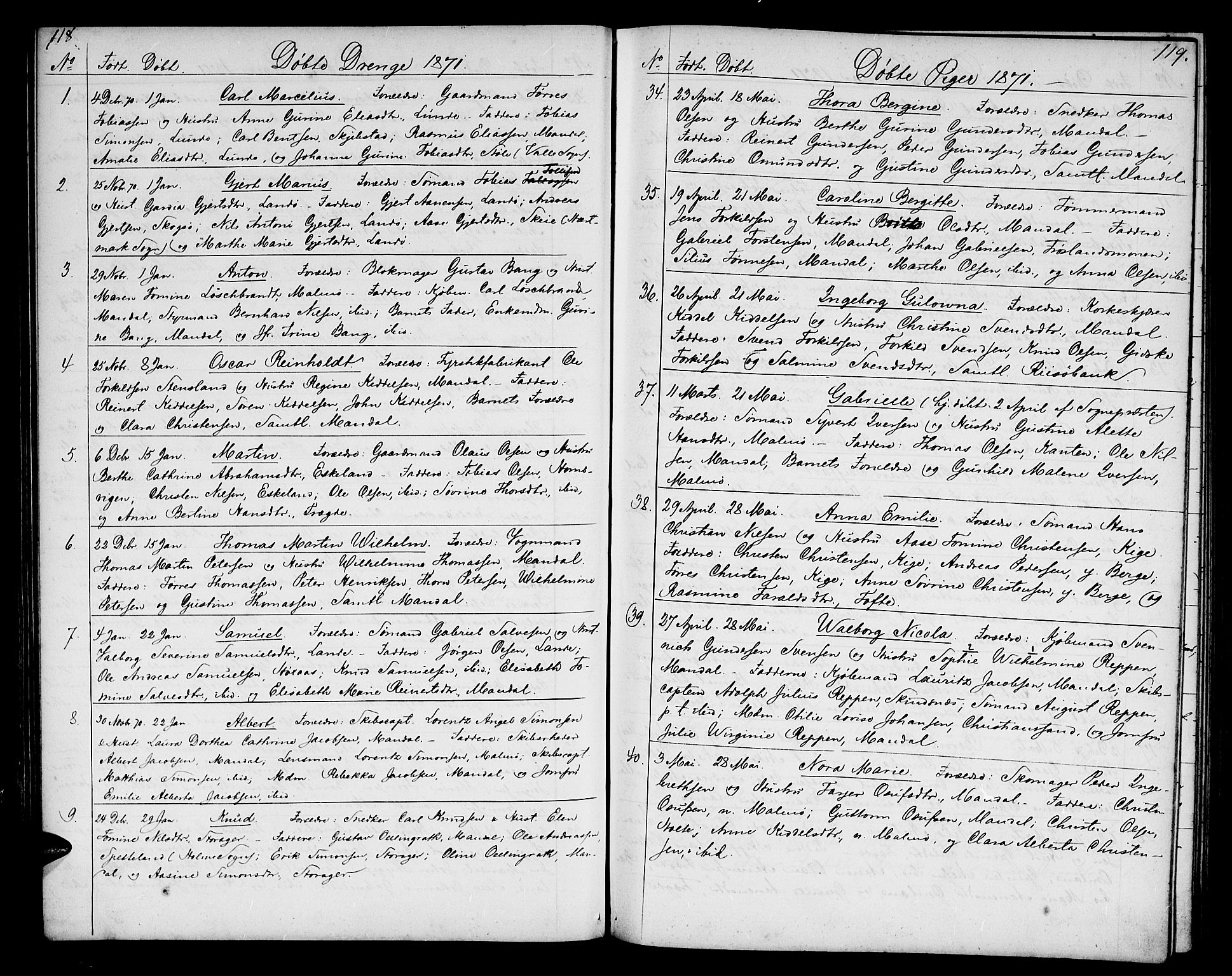Mandal sokneprestkontor, SAK/1111-0030/F/Fb/Fba/L0009: Parish register (copy) no. B 3, 1867-1877, p. 118-119