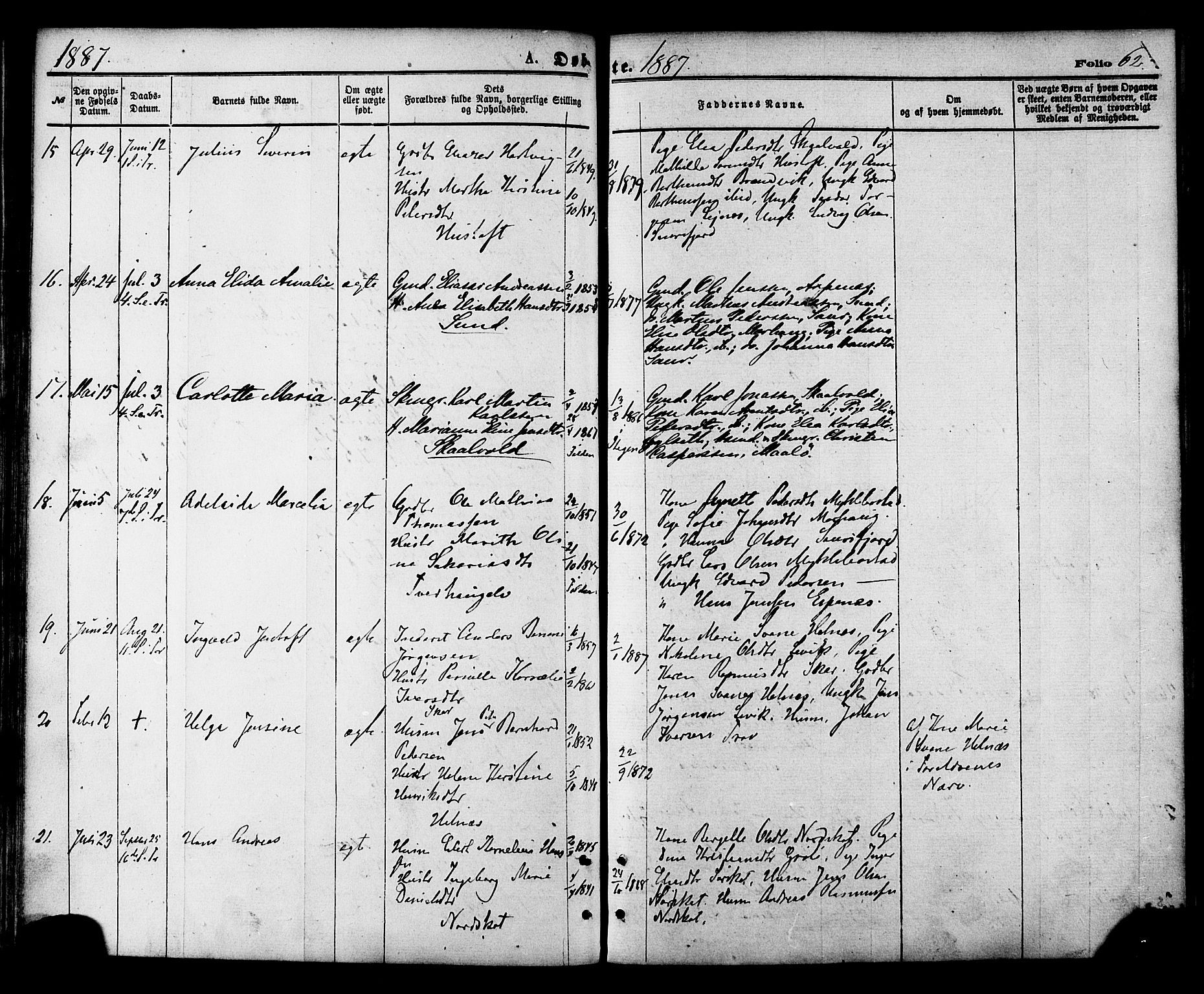 Ministerialprotokoller, klokkerbøker og fødselsregistre - Nordland, AV/SAT-A-1459/857/L0821: Parish register (official) no. 857A01, 1875-1889, p. 62