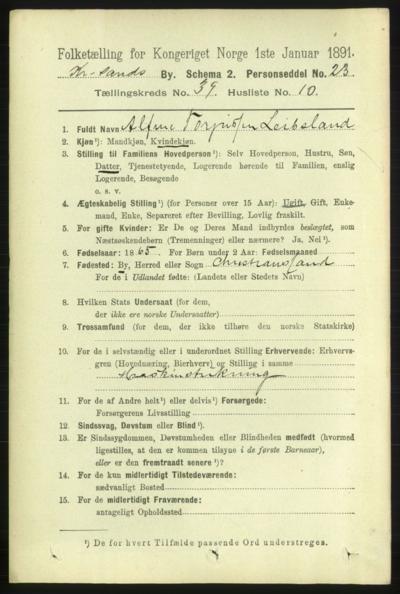 RA, 1891 census for 1001 Kristiansand, 1891, p. 12394