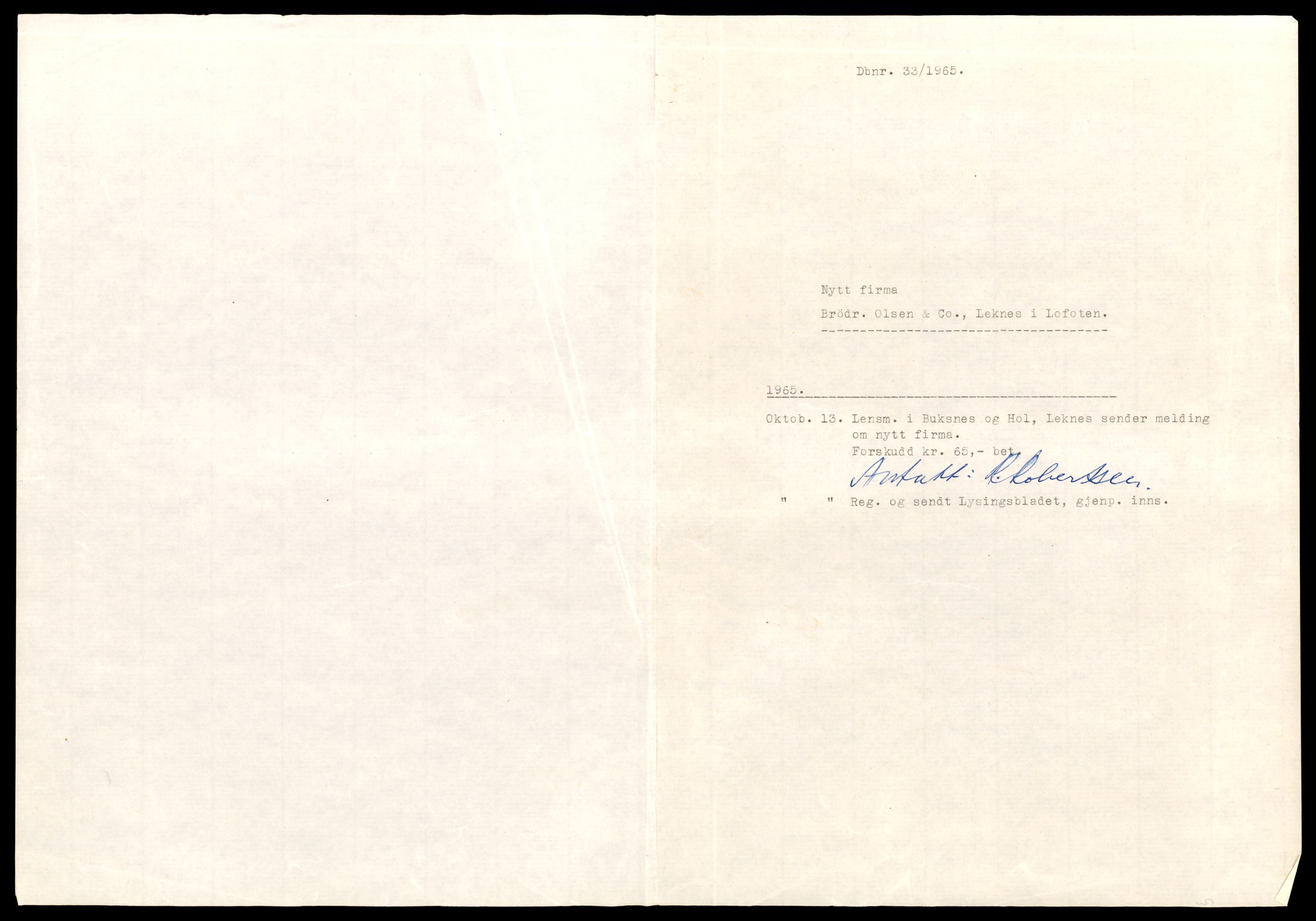 Lofoten sorenskriveri, AV/SAT-A-0017/2/J/Jc/Jcc/L0008: Enkeltmannsforetak, aksjeselskap og andelslag, 1965-1967, p. 1