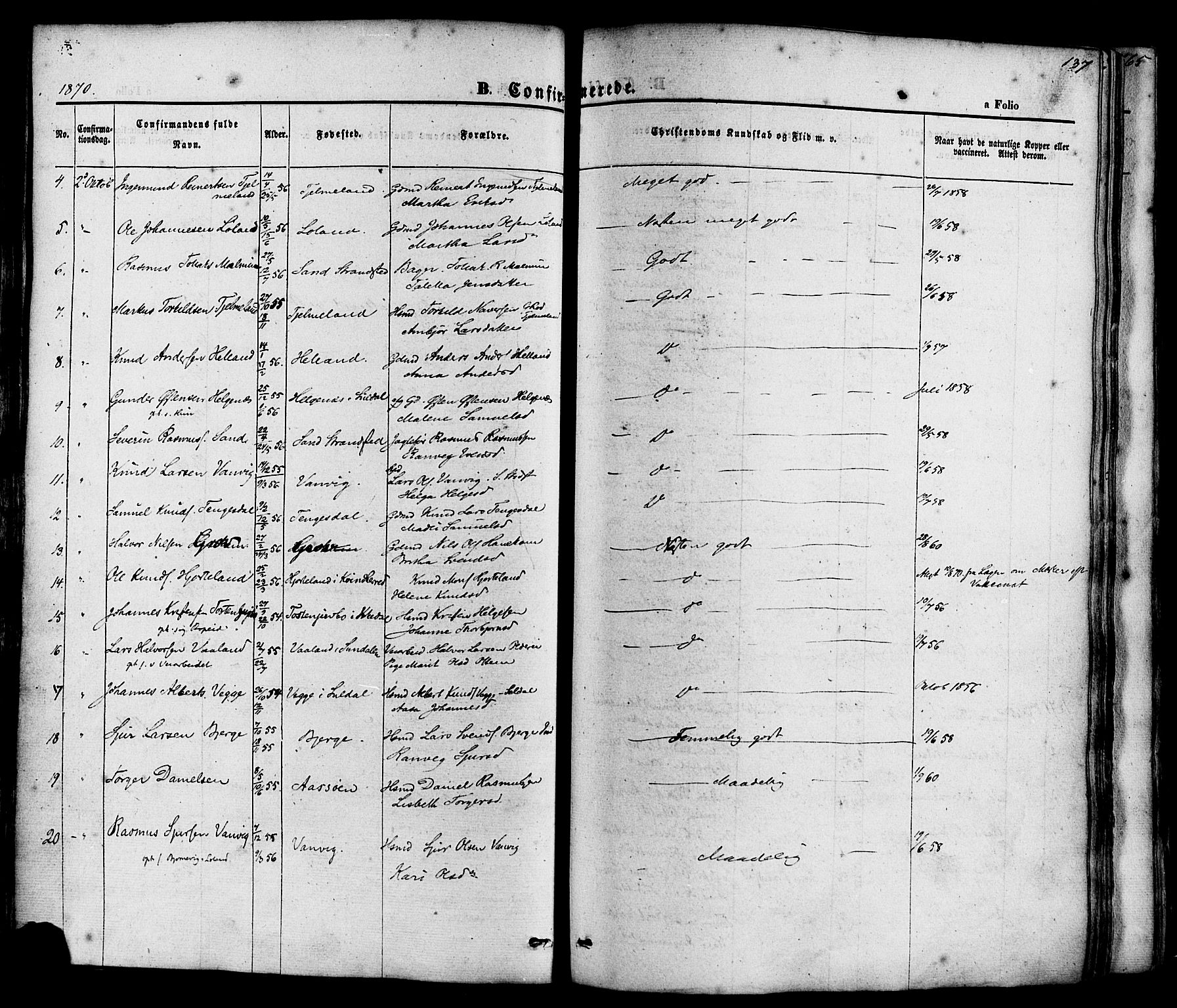 Sand sokneprestkontor, SAST/A-101848/01/III/L0003: Parish register (official) no. A 3, 1854-1879, p. 137